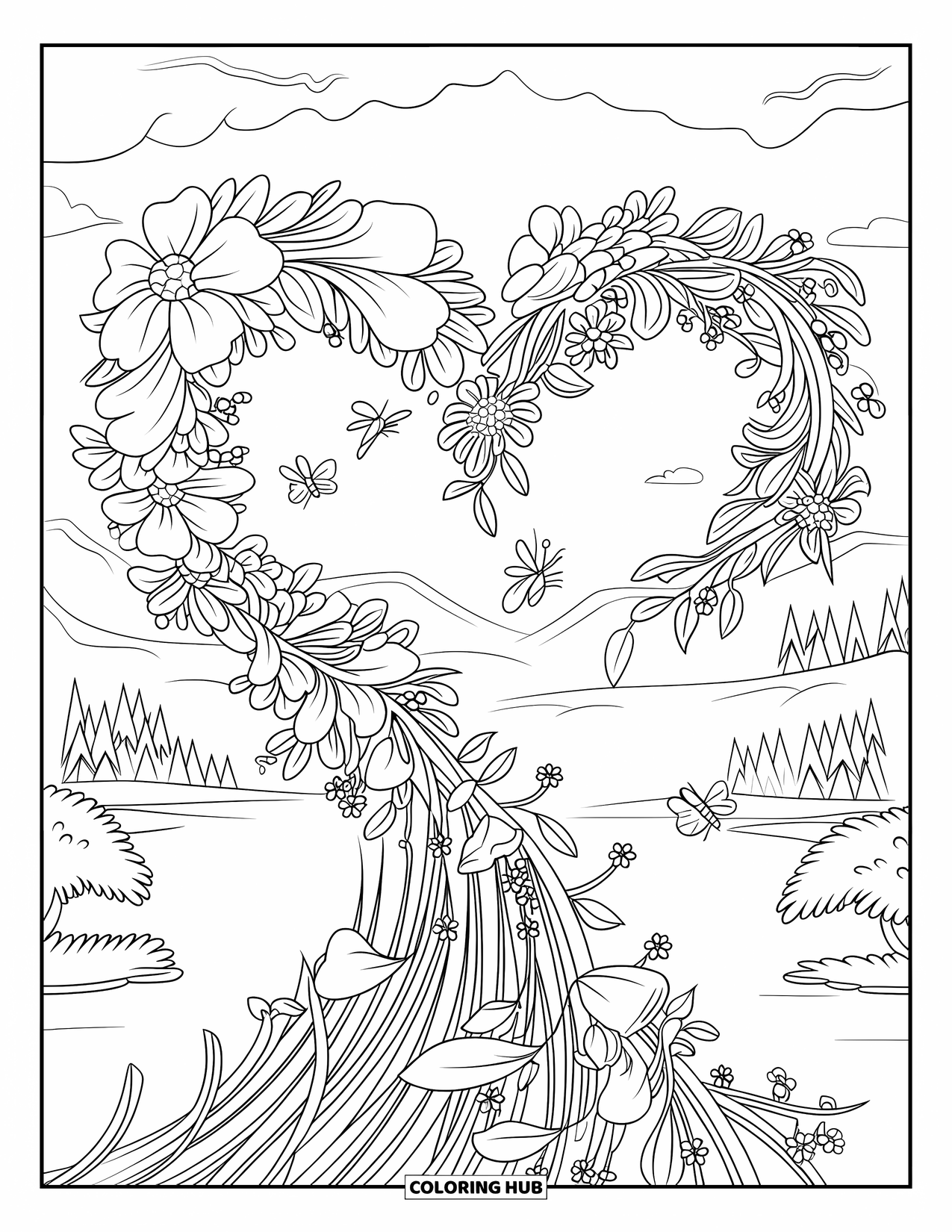 Desen de colorat floral pentru copii: O arcadă florală în formă de inimă cu fluturi și albine în apropiere