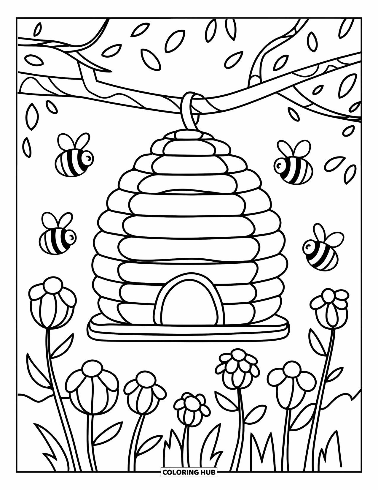 Desen de colorat floral pentru copii: Un stup hexagonal agățat de o ramură groasă, înconjurat de flori și albine