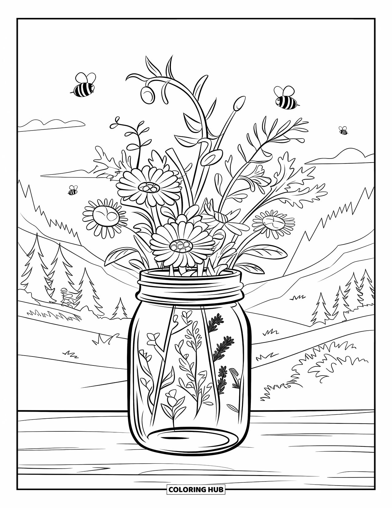 Desen de colorat floral pentru copii: Un borcan Mason umplut cu flori sălbatice și frunze mici, așezat pe lemn