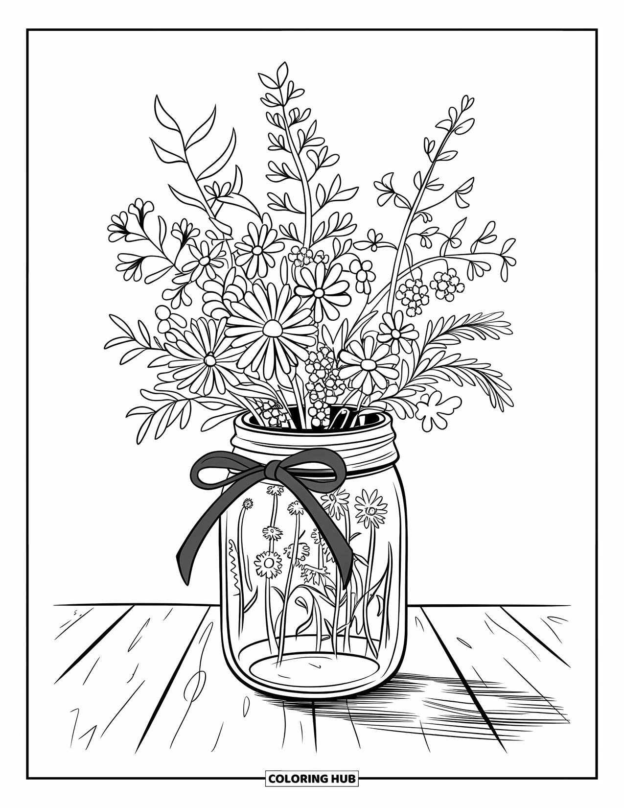Desen de colorat floral pentru copii: Un borcan Mason cu flori sălbatice, legat cu o panglică verde, așezat pe o suprafață de lemn