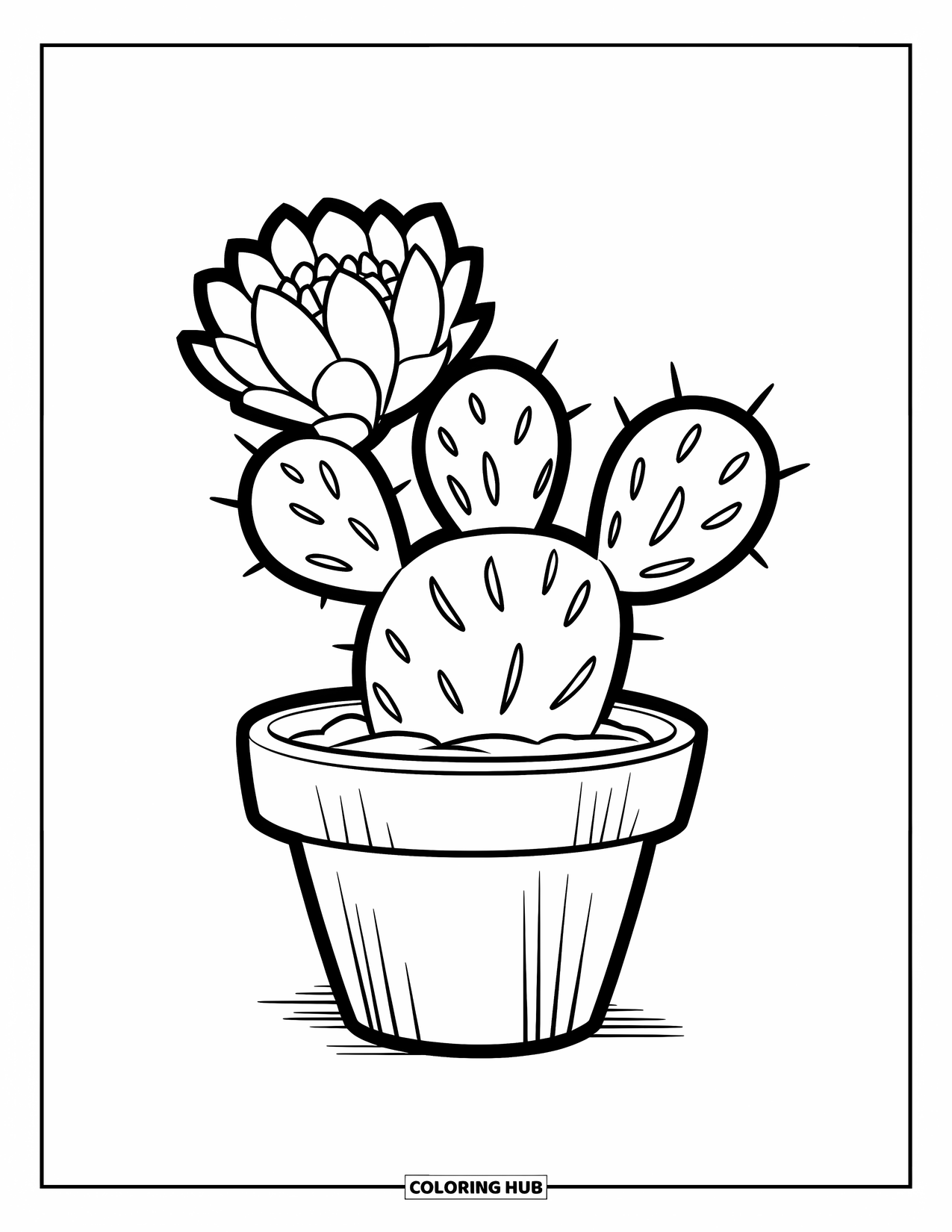 Desen de colorat floral pentru copii: Un cactus în ghiveci cu o floare înflorită așezată pe o suprafață plană