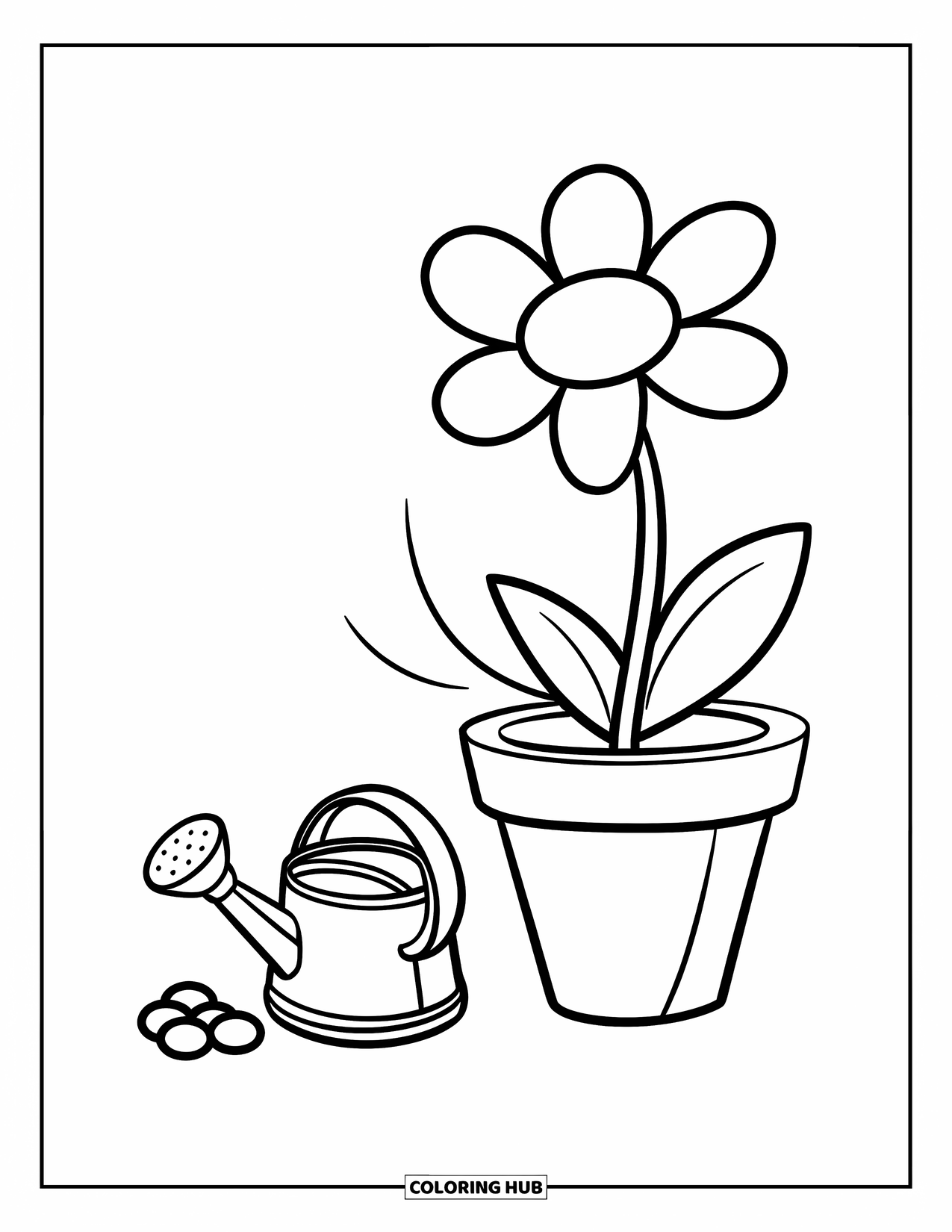 Desen de colorat floral pentru copii: O floare în ghiveci cu petale mari și o stropitoare mică în apropiere