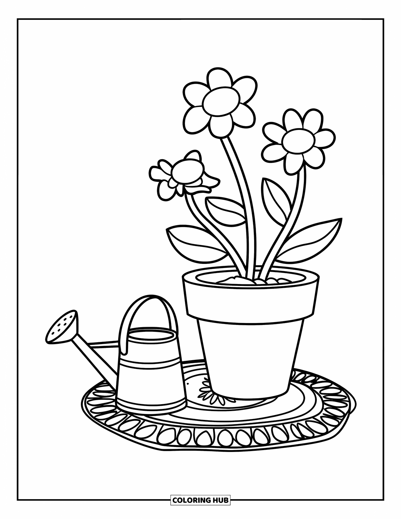Desen de colorat floral pentru copii: O floare în ghiveci cu trei tulpini curbate și o stropitoare mică