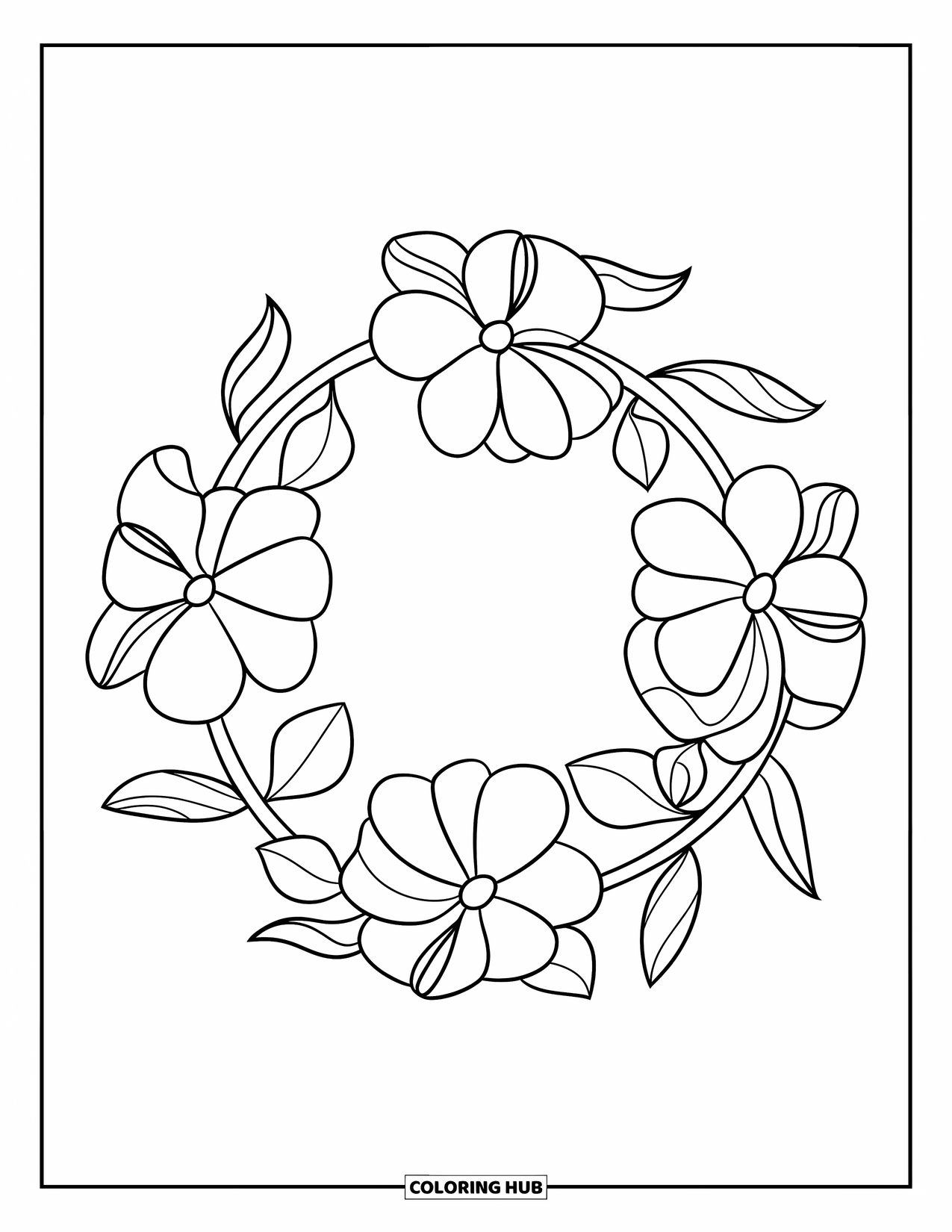 Desen de colorat floral pentru copii: O coroană rotundă cu cinci flori simple și frunze subțiri, curbate