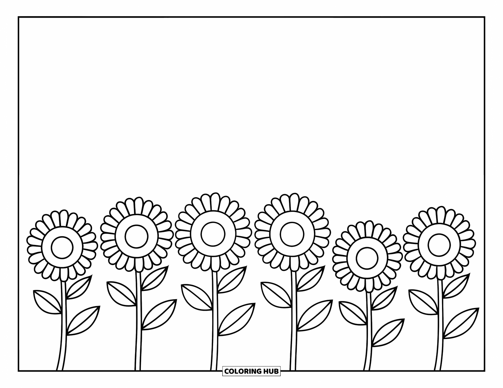 Desen de colorat floral pentru copii: Un rând de floarea-soarelui cu tulpini și frunze clare, stând înalt