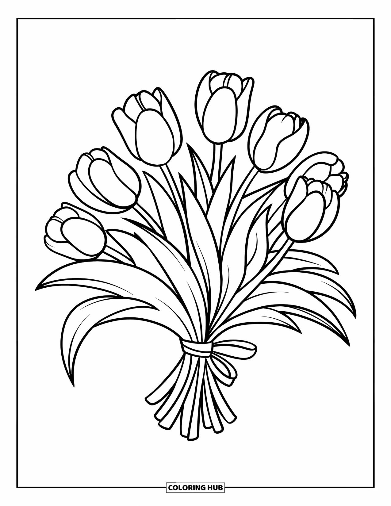 Desen de colorat floral pentru copii: Un buchet simplu și captivant de lalele legat cu o panglică