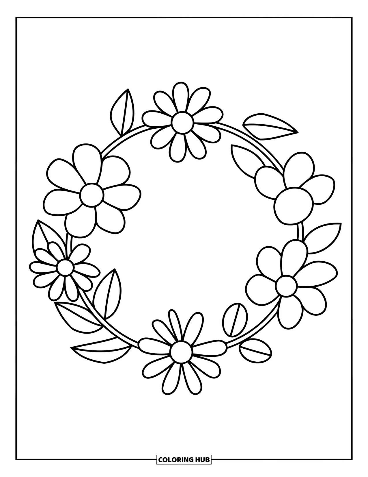 Desen de colorat floral pentru copii: O coroană simplă rotundă cu cinci flori și frunze