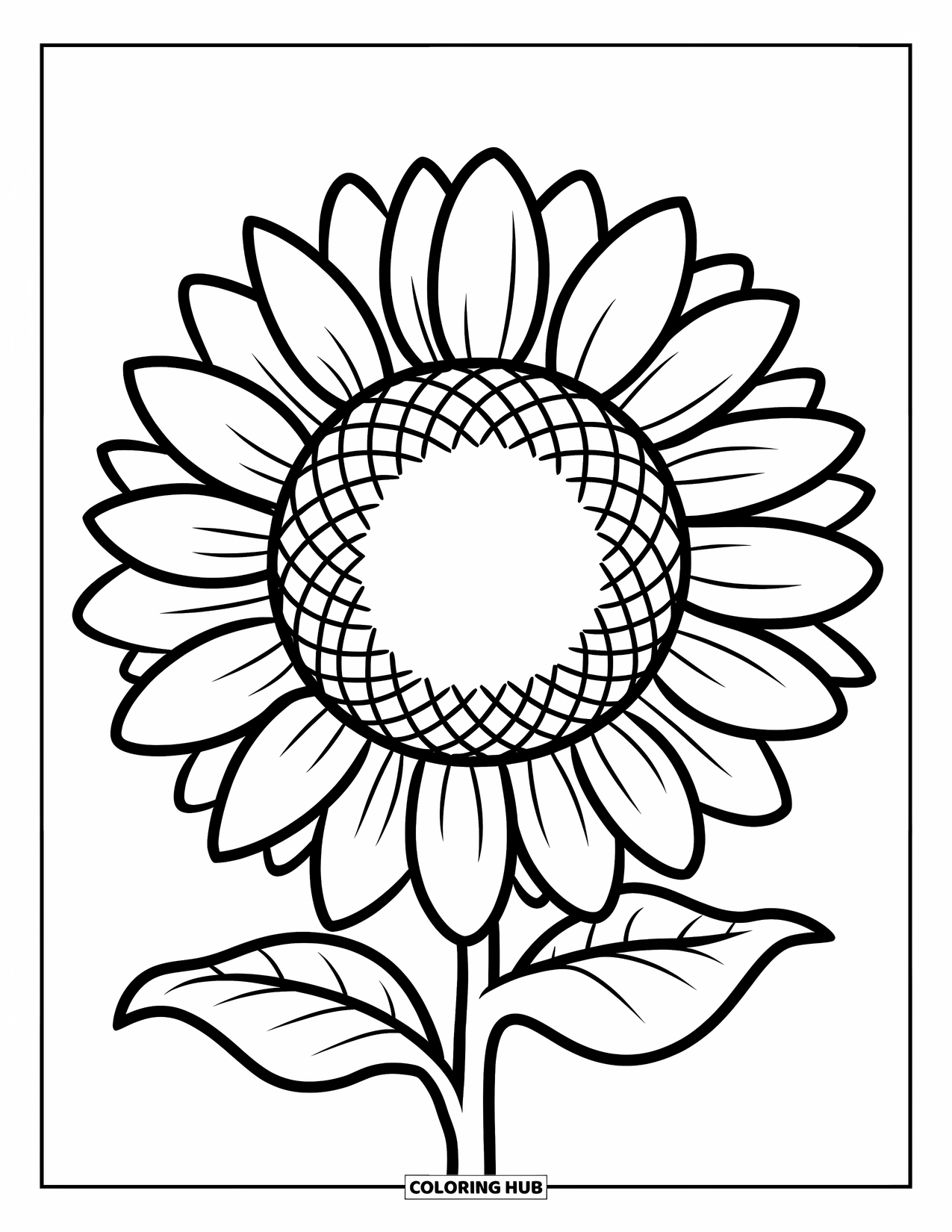 Desen de colorat floral pentru copii: Un singur floarea-soarelui cu petale luminoase și o tulpină robustă