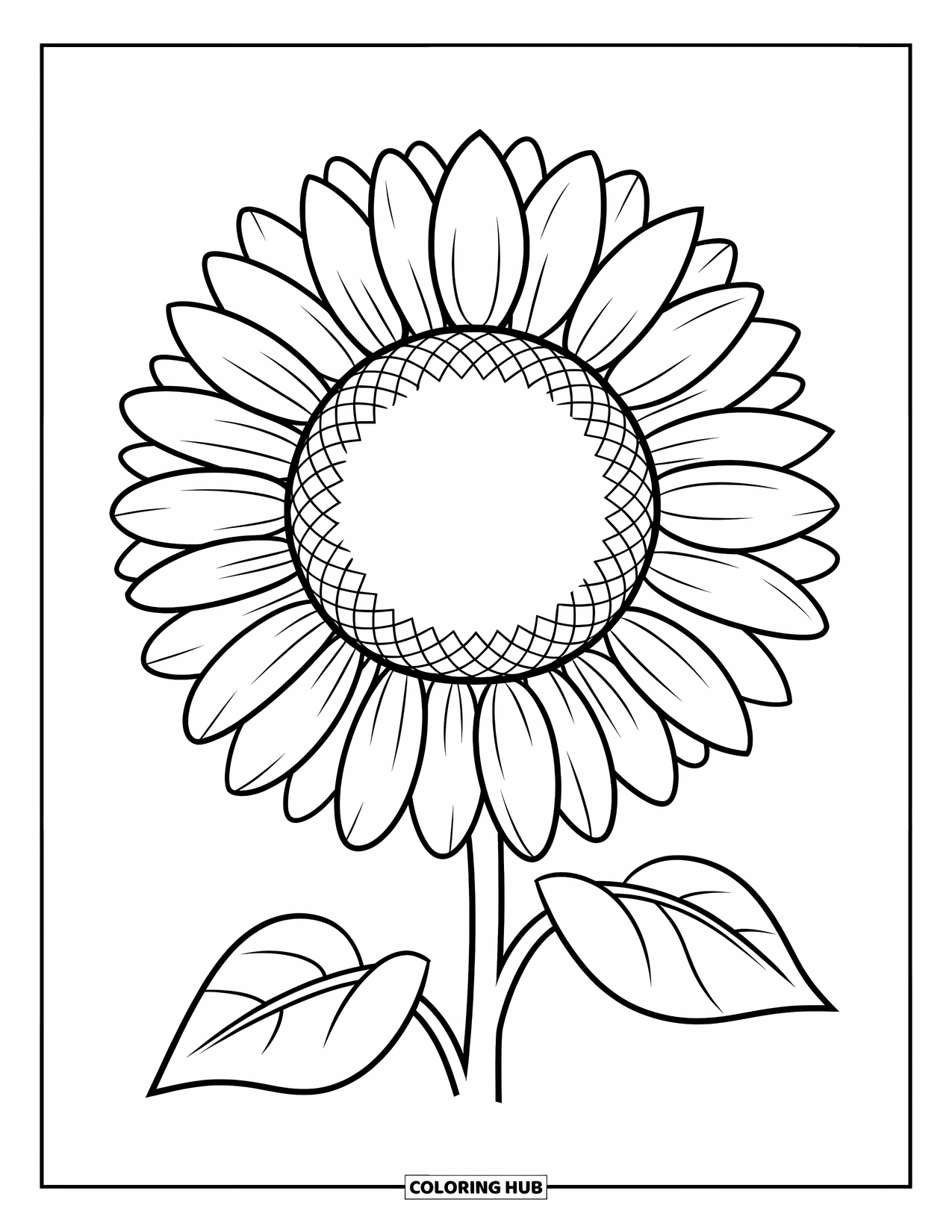 Desen de colorat floral pentru copii: Un floarea-soarelui cu un centru mare și petale îndrăznețe, ușor de colorat
