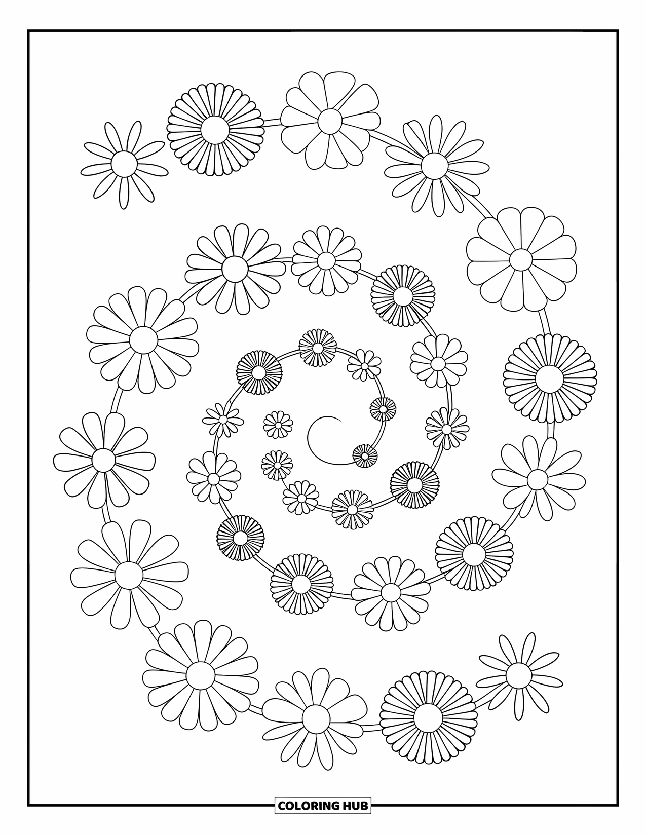 Desen de colorat floral pentru copii: O potecă spiralată de flori, formând un aranjament delicat în spirală