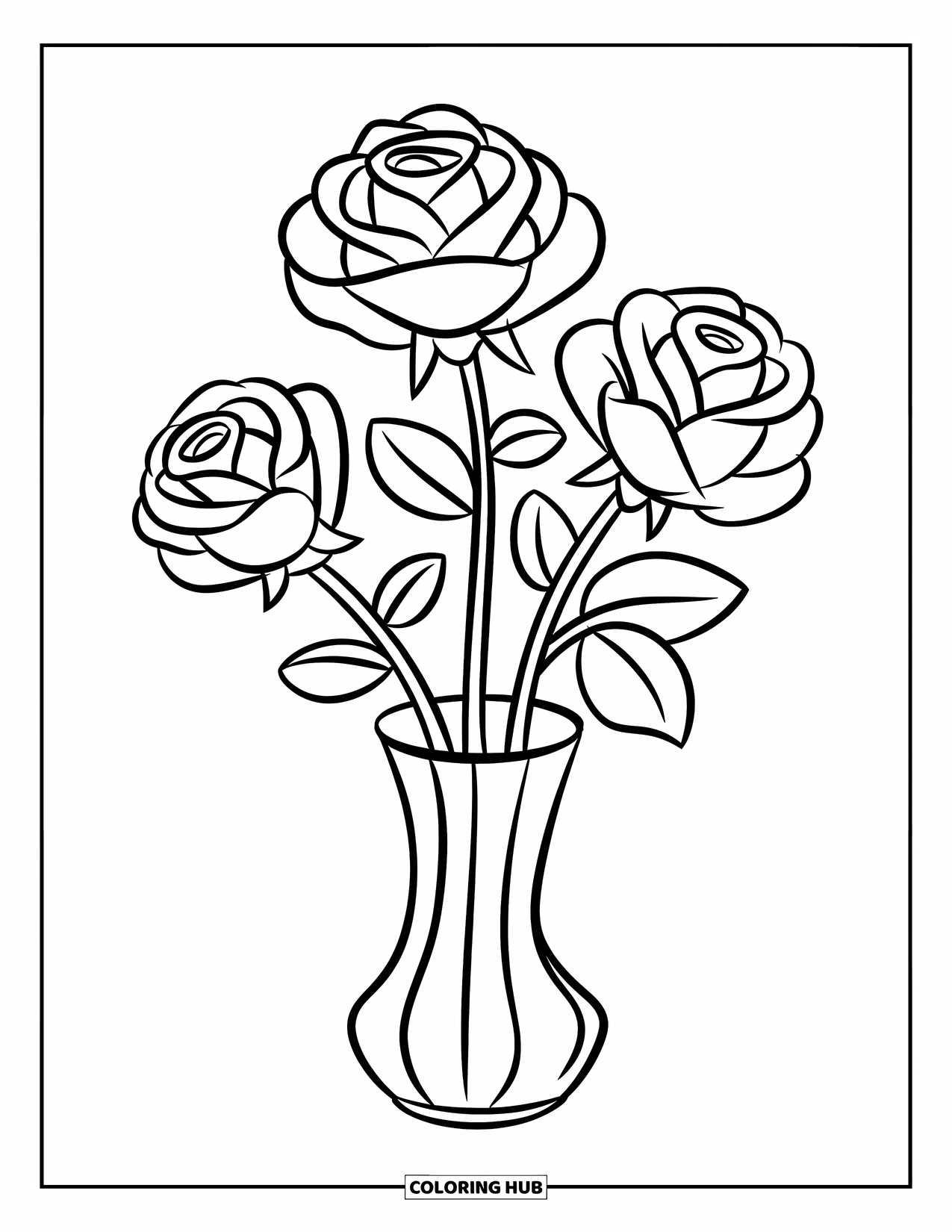Desen de colorat floral pentru copii: O vază înaltă și subțire care ține trei trandafiri cu petale mari