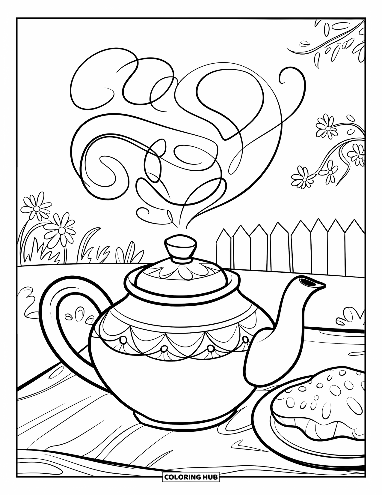 Desen de colorat floral pentru copii: Un ceainic cu abur floral pe o masă cu o brioșă, așezat într-o grădină