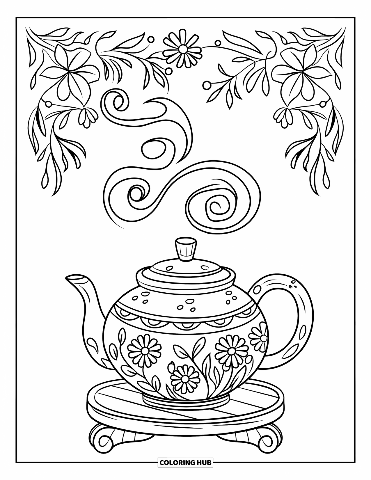 Desen de colorat floral pentru copii: Un ceainic cu abur floral, așezat pe un suport de lemn cu flori și frunze în apropiere