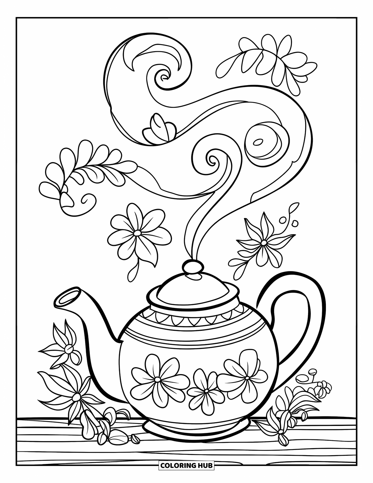 Desen de colorat floral pentru copii: Un ceainic cu abur care se ondulează în modele florale, așezat pe o suprafață de lemn