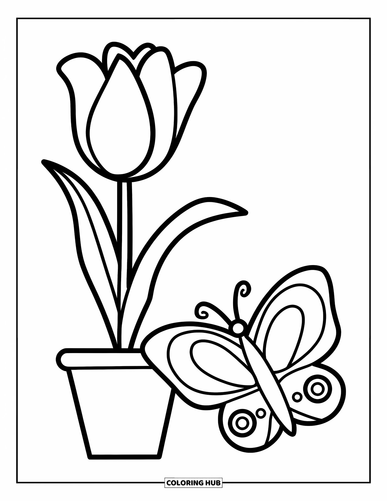 Desen de colorat floral pentru copii: O lalea într-un ghiveci cu un fluture, concepută pentru preșcolari