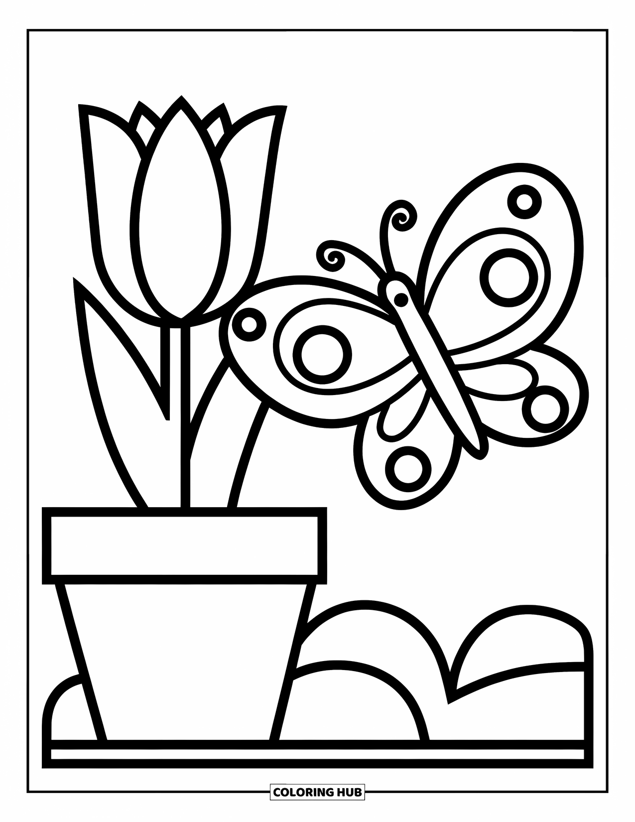 Desen de colorat floral pentru copii: O lalea într-un ghiveci cu un fluture care zboară în apropiere