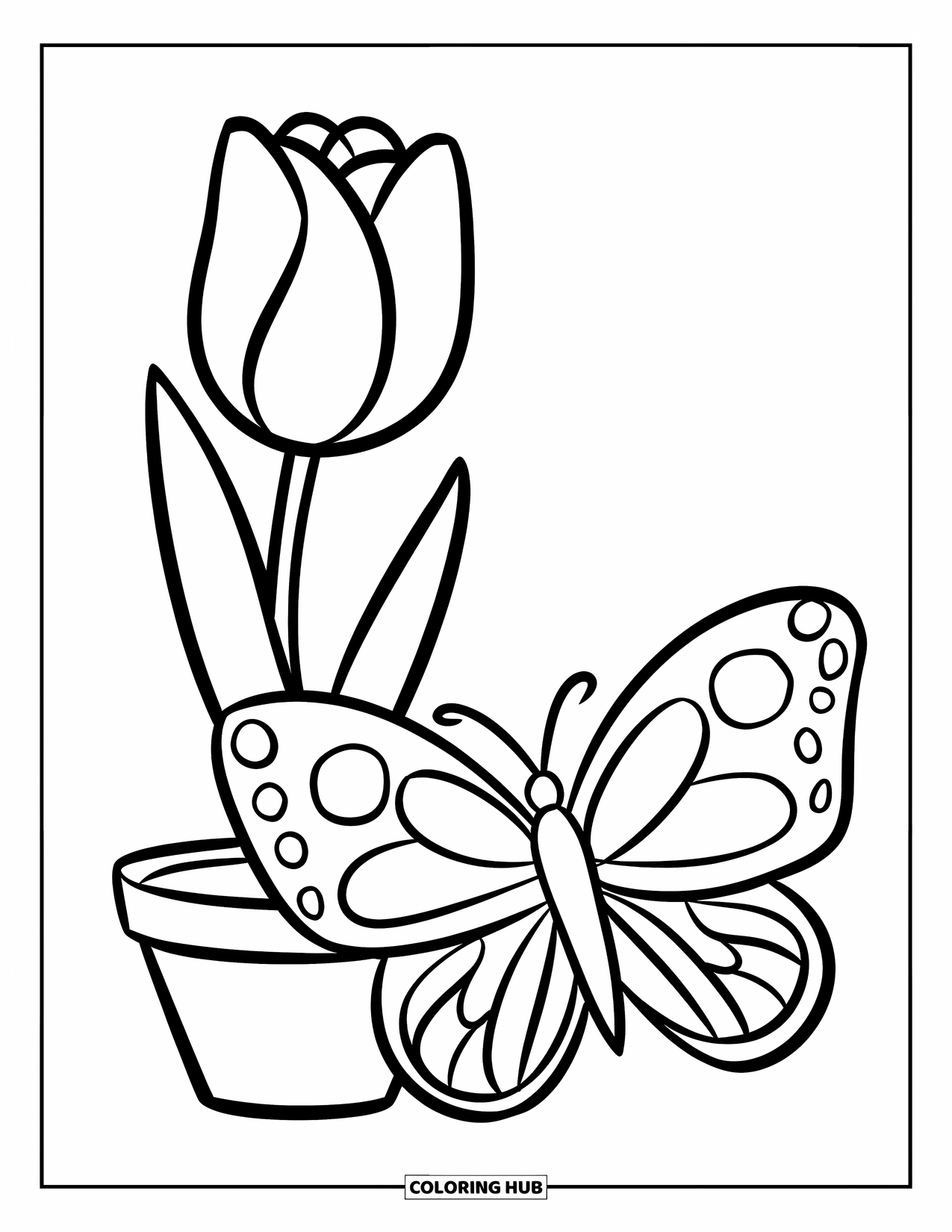 Desen de colorat floral pentru copii: O lalea cu o tulpină curbată și un fluture cu aripi rotunde