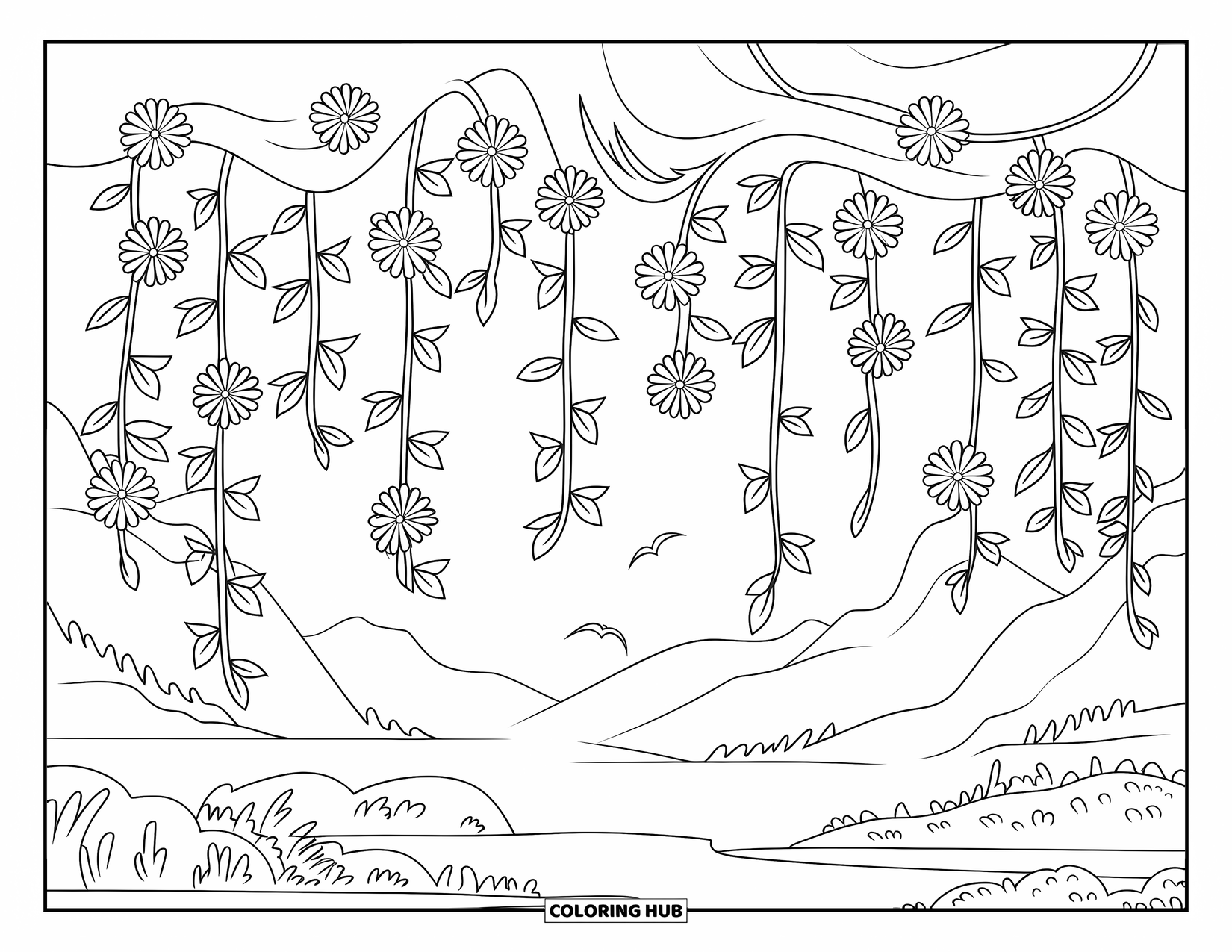 Desen de colorat floral pentru copii: O cortină florală de viță de vie cu flori și păsări, așezată pe fundalul munților și al apei