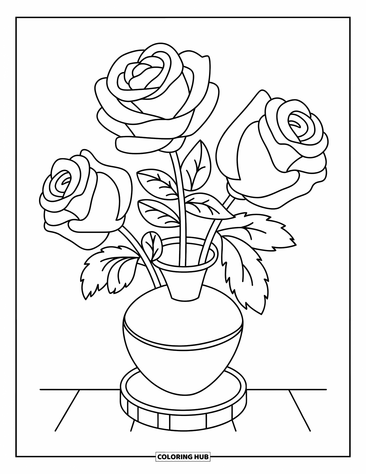 Desen de colorat floral pentru copii: Trei trandafiri într-o vază așezată pe o bază de lemn