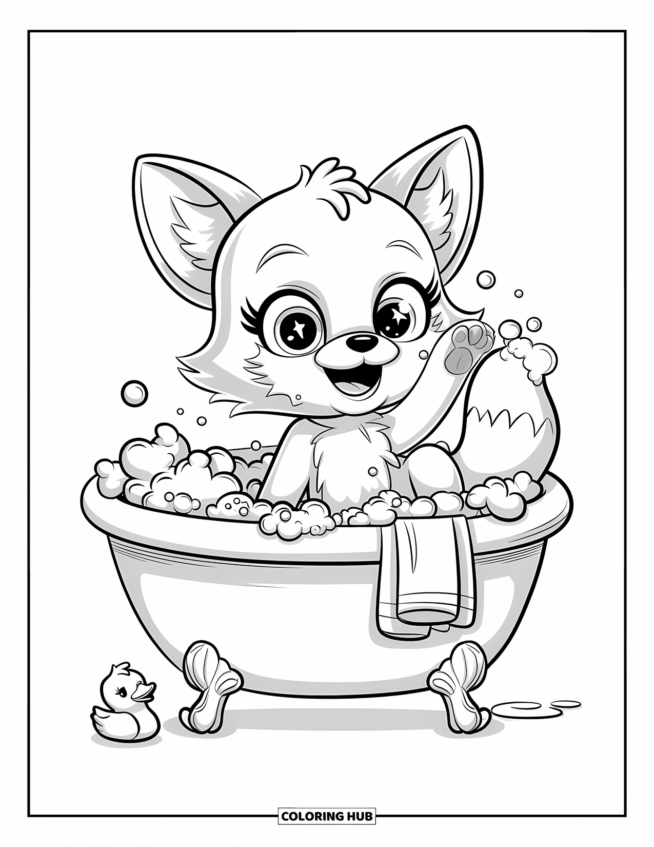 Disegno da colorare di una volpe per adulti: Un cucciolo di volpe che gioca in una vasca da bagno piena di bolle con una piccola paperella di gomma