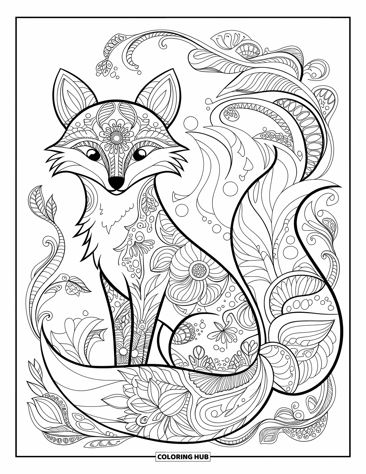 Disegno da colorare di una volpe per adulti: Una volpe splendidamente dettagliata che riposa in un giardino di fiori e motivi in fiore