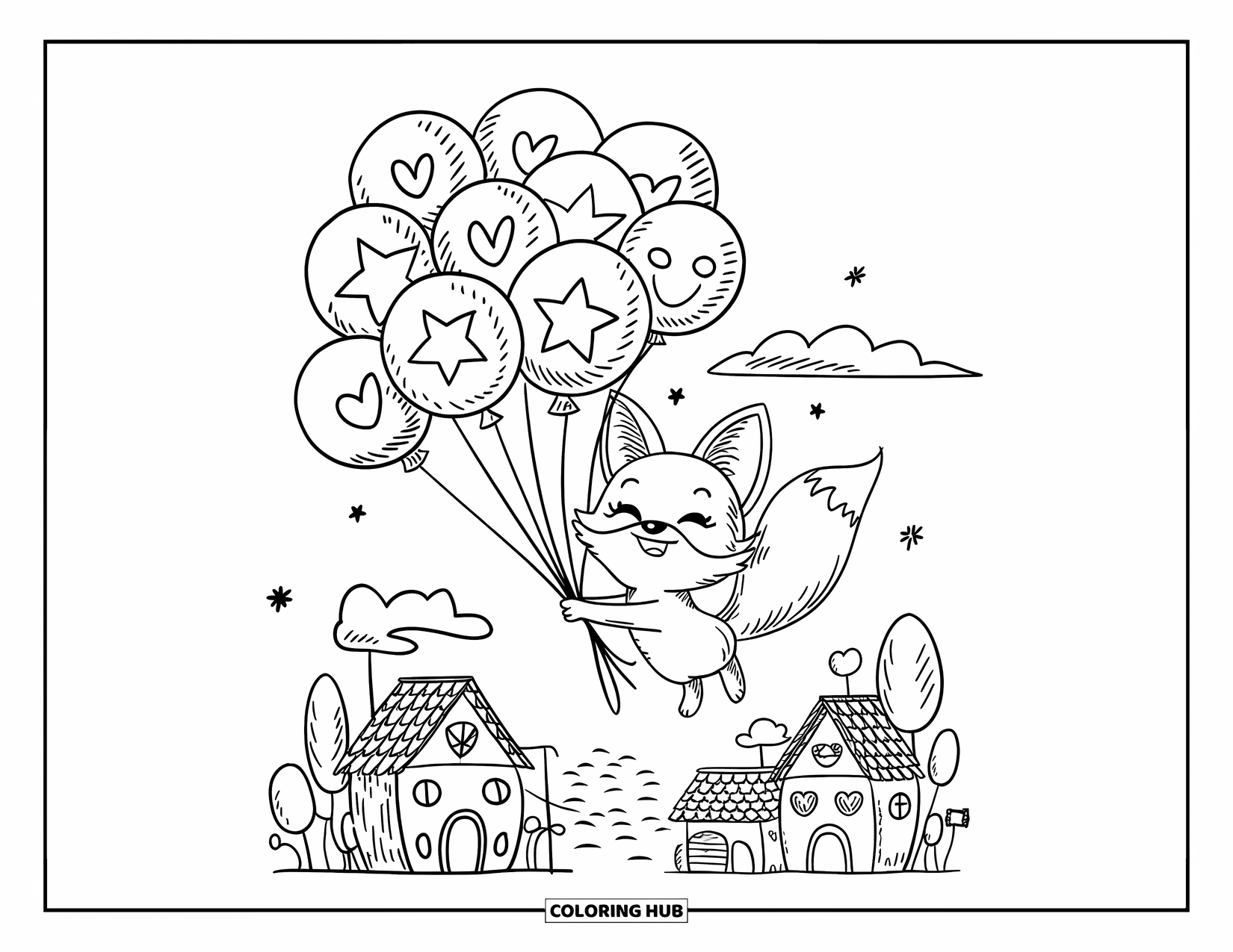 Disegno da colorare di una volpe per adulti: Una volpe allegra che galleggia con palloncini a forma di stella e cuore sopra un villaggio accogliente