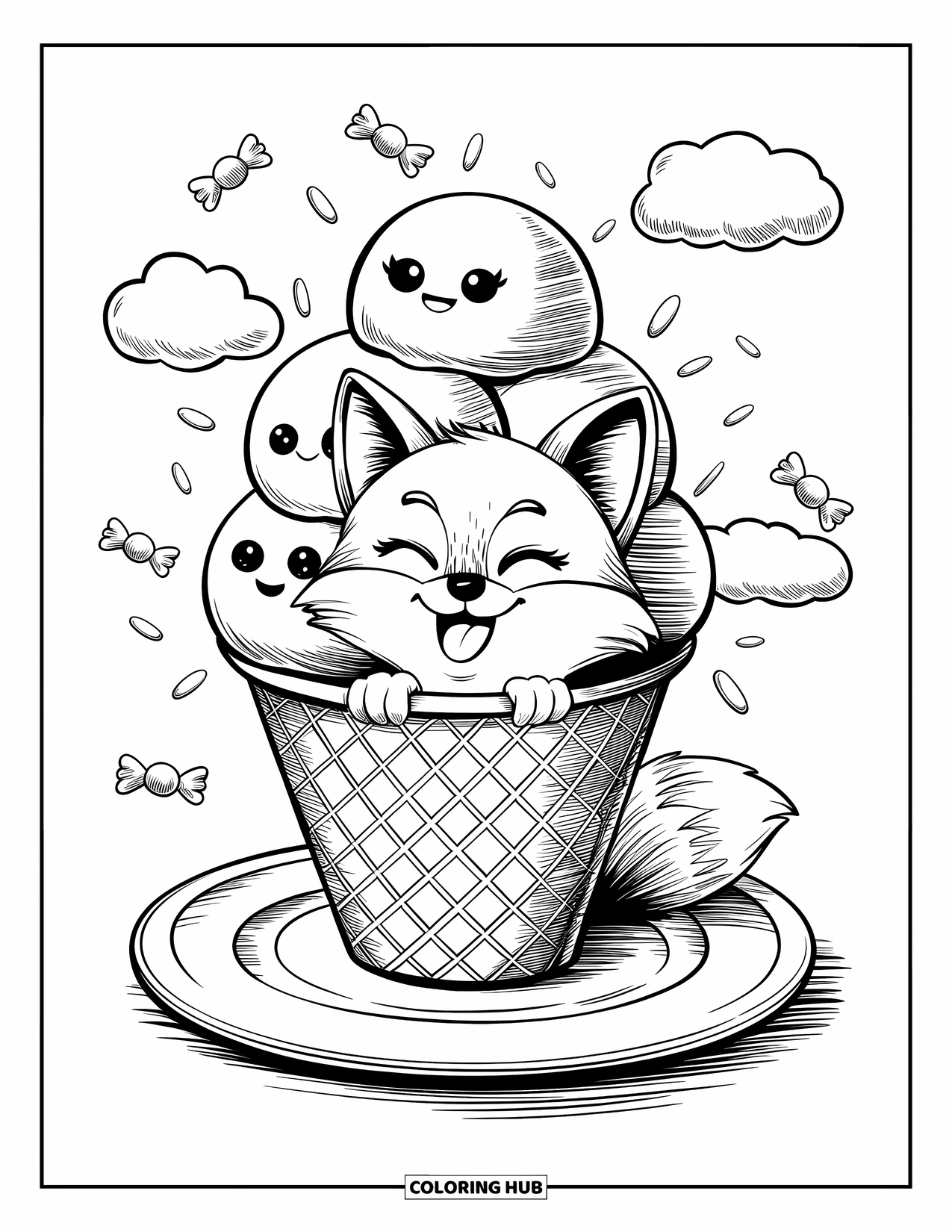 Disegno da colorare di una volpe per adulti: Una volpe allegra dentro un cono gelato, circondata da stelle e nuvole a forma di caramella