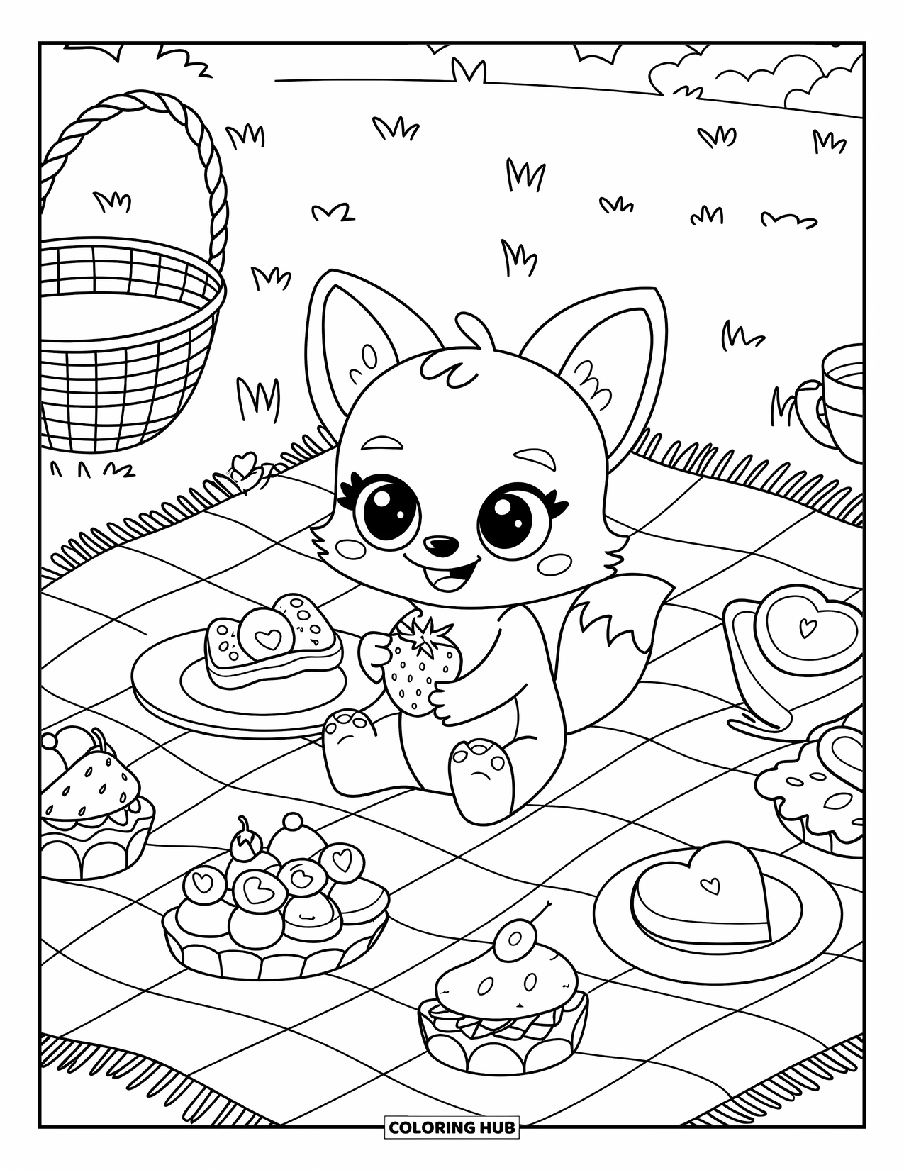 Disegno da colorare di una volpe per adulti: Una volpe carina che fa un picnic, circondata da panini a forma di cuore e dolcetti
