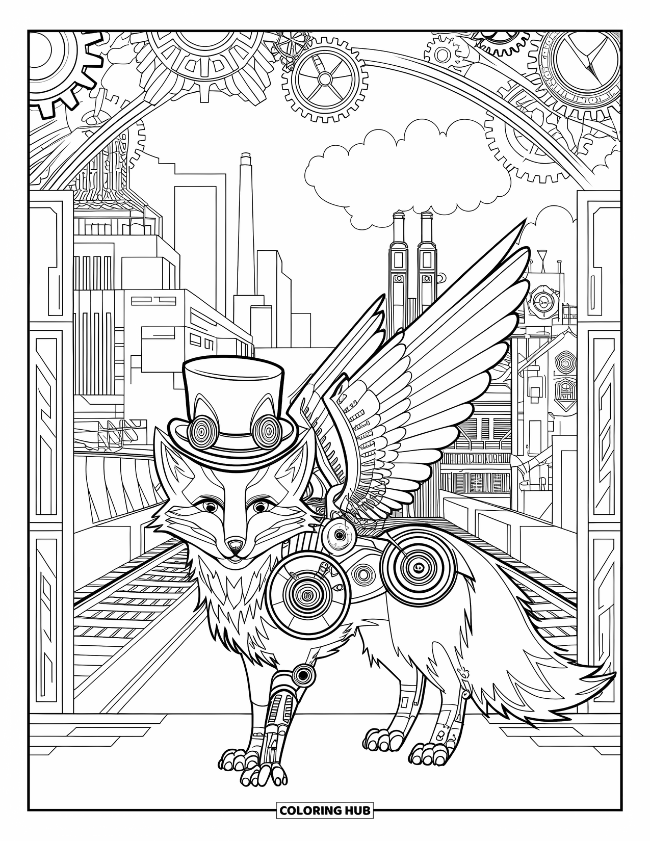 Disegno da colorare di una volpe dettagliata in abiti steampunk, circondata da ingranaggi e torri dell'orologio