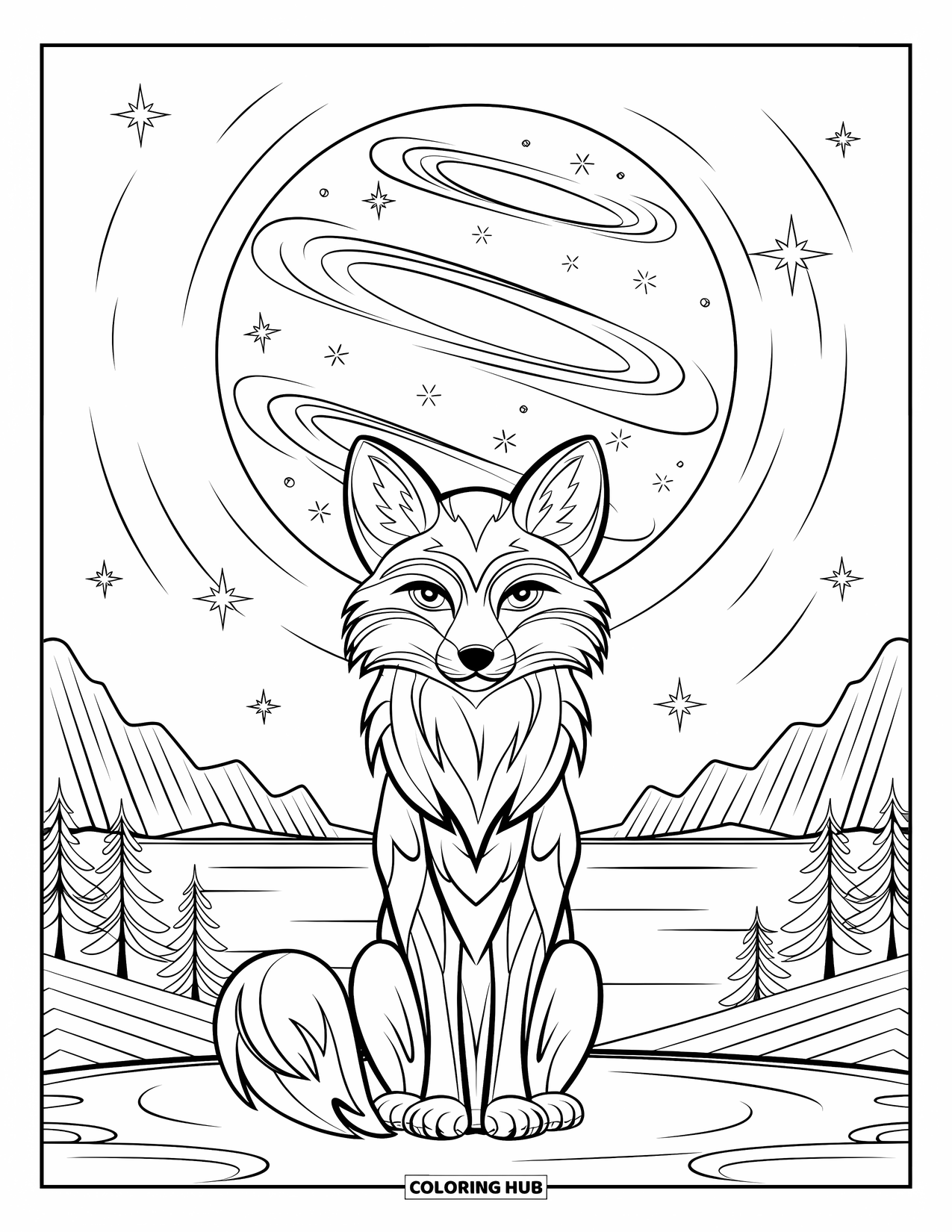 Disegno da colorare di una volpe per adulti: Una volpe che guarda una luna splendente, con energia cosmica che scorre attraverso il cielo