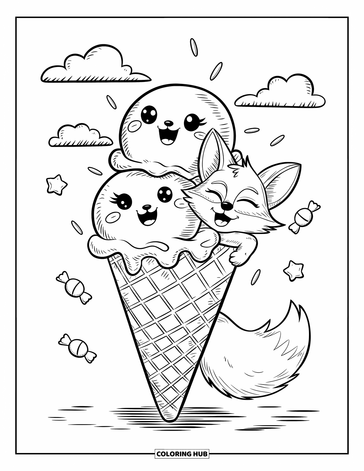 Disegno da colorare di una volpe per adulti: Una volpe sbircia da un gigantesco cono di palline di gelato sorridenti, pronta a dare una leccata
