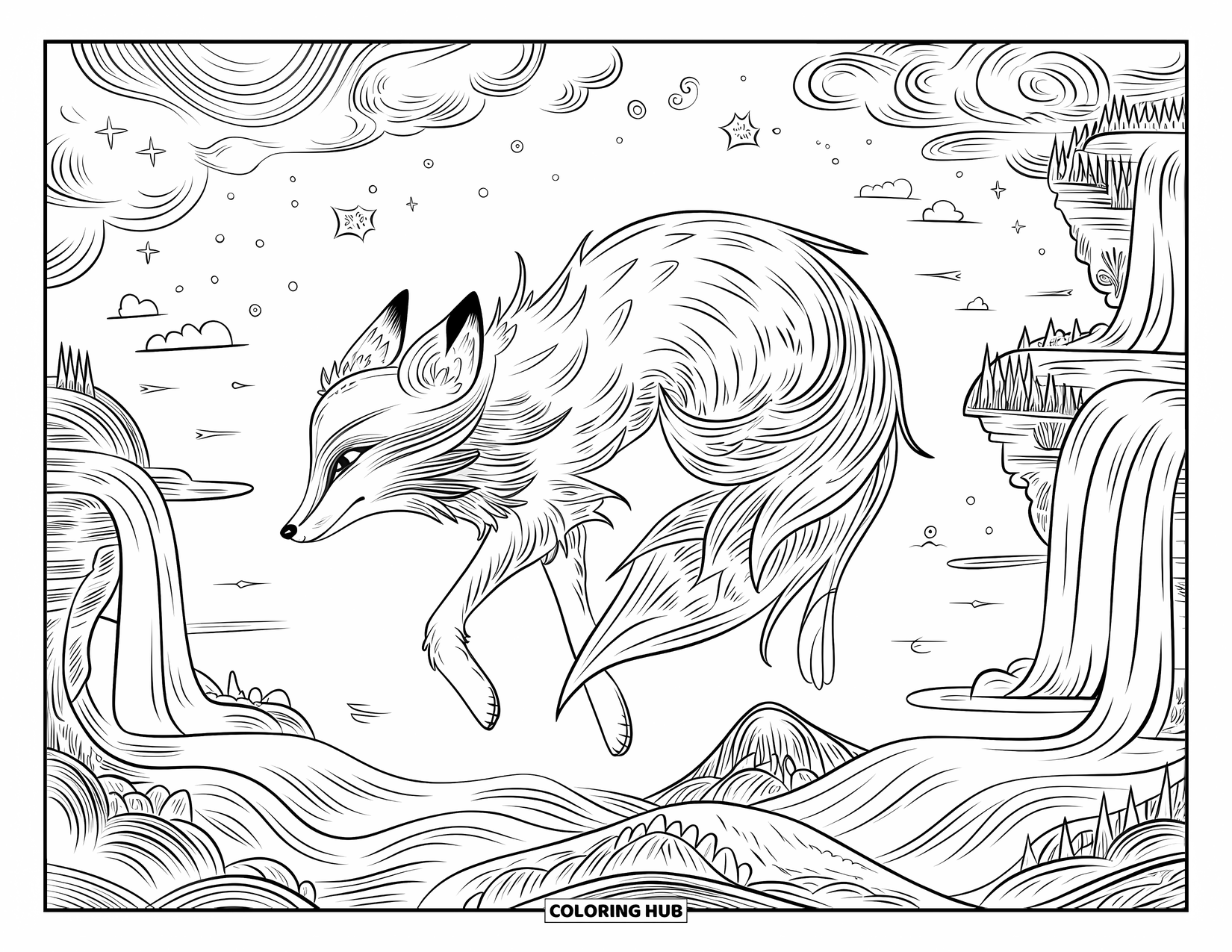 Disegno da colorare di una volpe per adulti: Una volpe con pelliccia simile a piume che si fonde in un paesaggio onirico di isole galleggianti e cascate