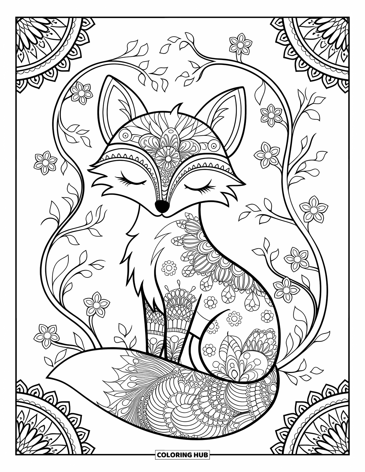 Disegno da colorare di una volpe per adulti: Una volpe con motivi ornamentali sulla pelliccia, che si fonde in uno sfondo intricato di fiori