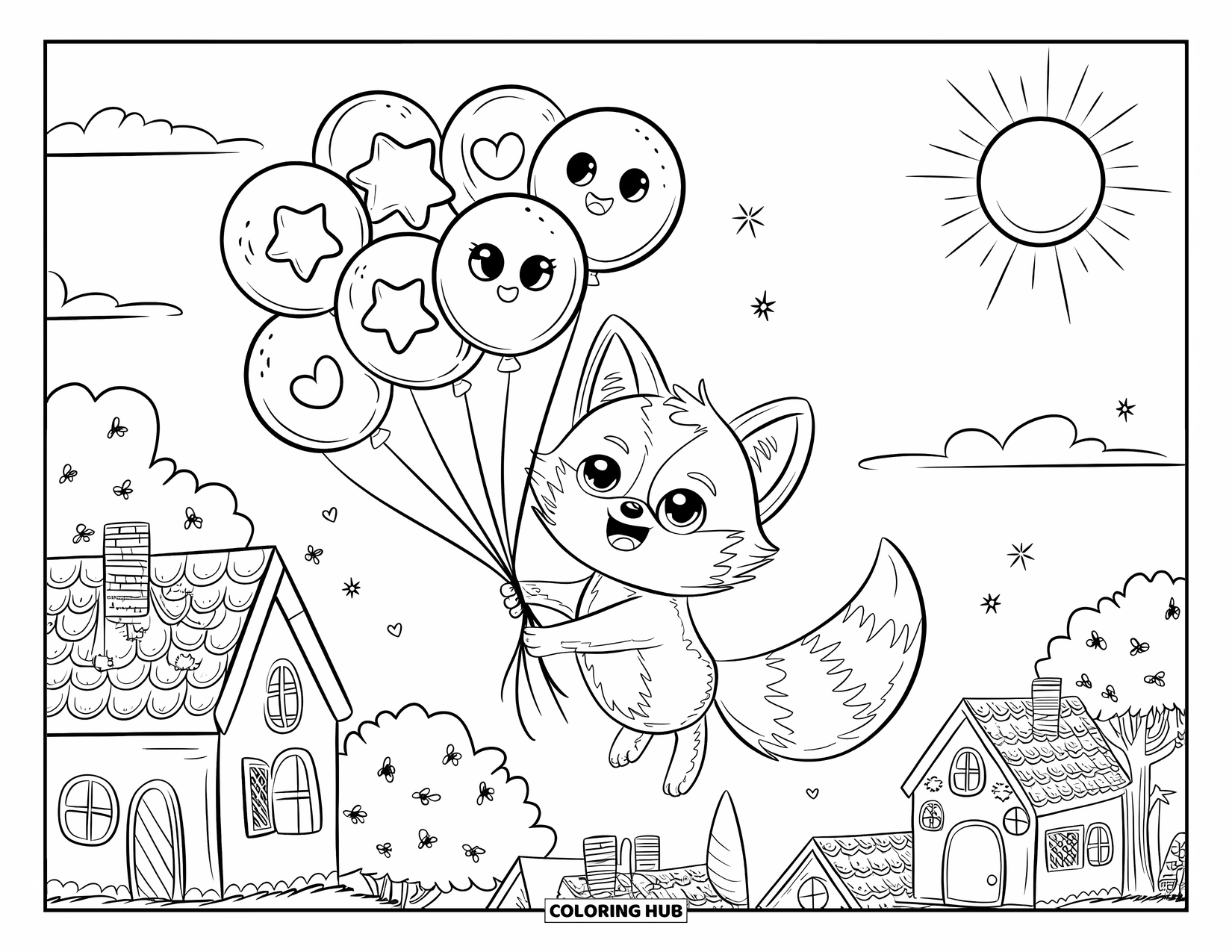 Disegno da colorare di una volpe per adulti: Una volpe felice che vola con palloncini sopra un villaggio da sogno di minuscole case sorridenti