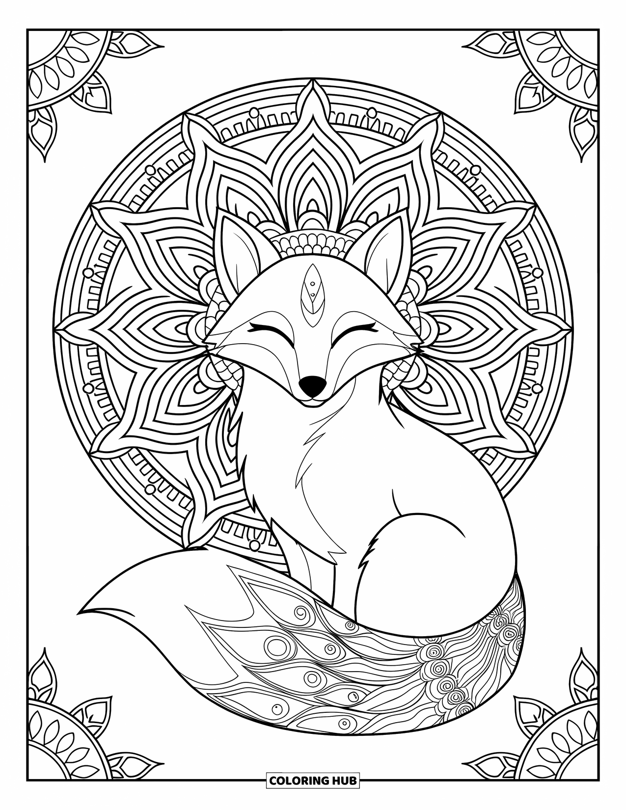 Disegno da colorare di una volpe per adulti: Una volpe meditativa raggomitolata in una posa pacifica con un mandala sullo sfondo