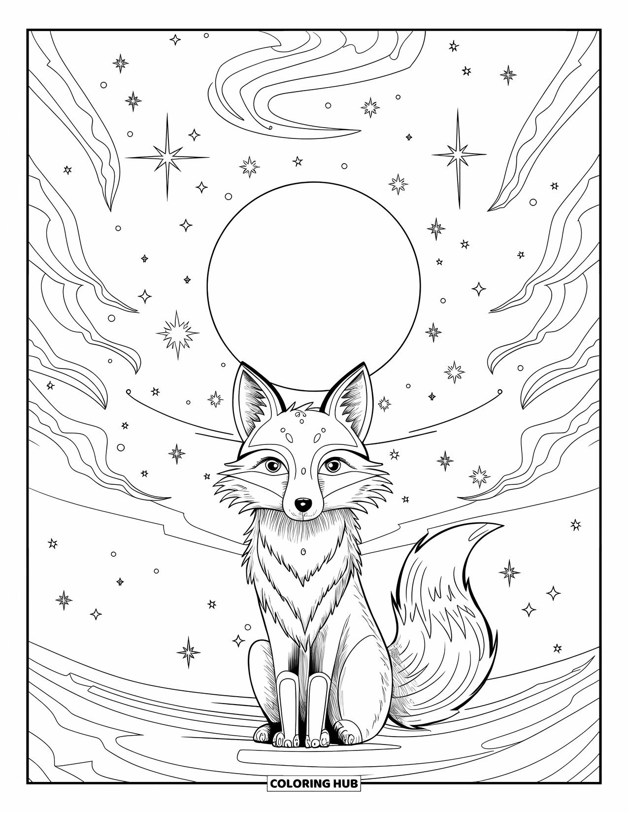 Disegno da colorare di una volpe per adulti: Una volpe mistica seduta sotto una luna piena, circondata da vorticosi motivi celesti