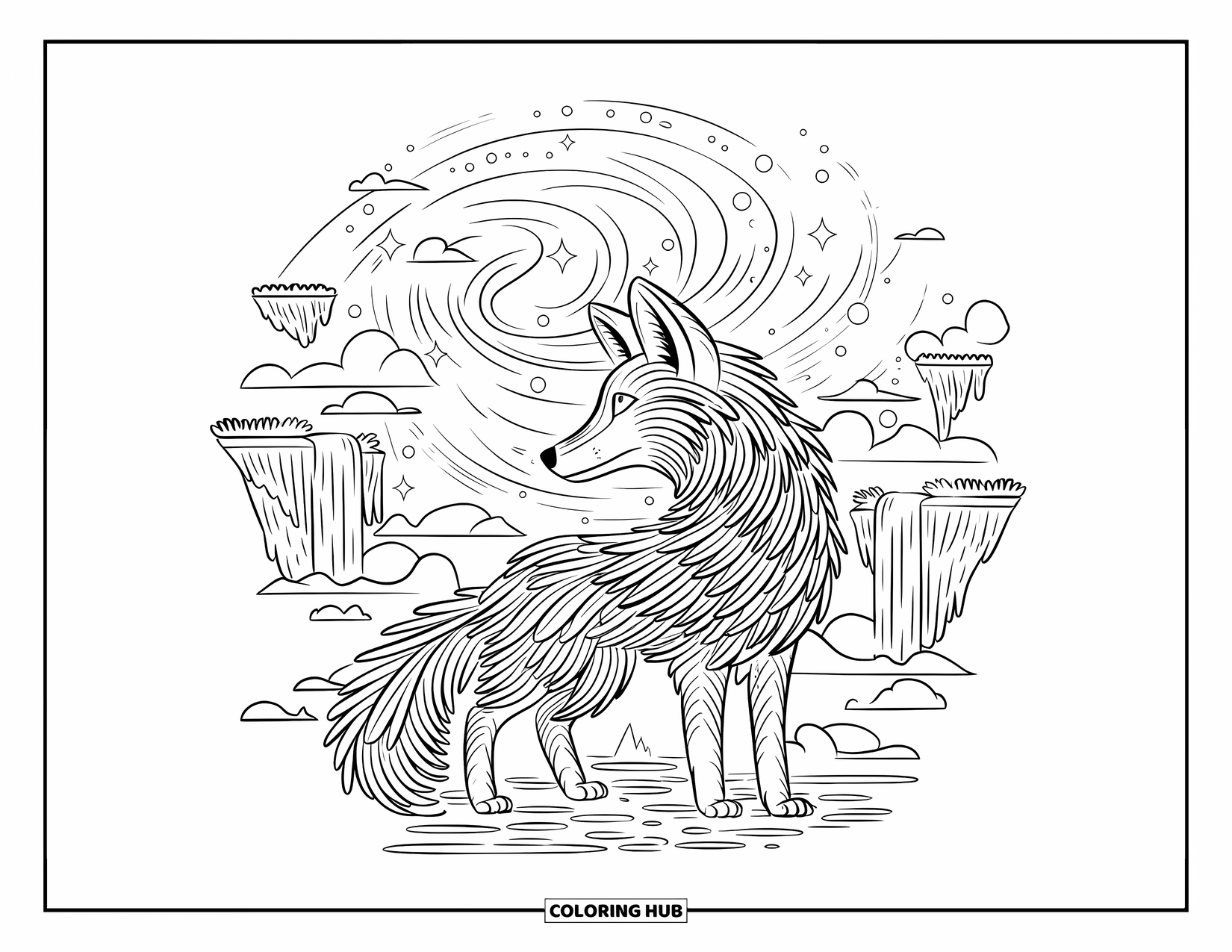 Disegno da colorare di una volpe per adulti: Una volpe mistica che si erge in un mondo di galassie vorticose e cascate