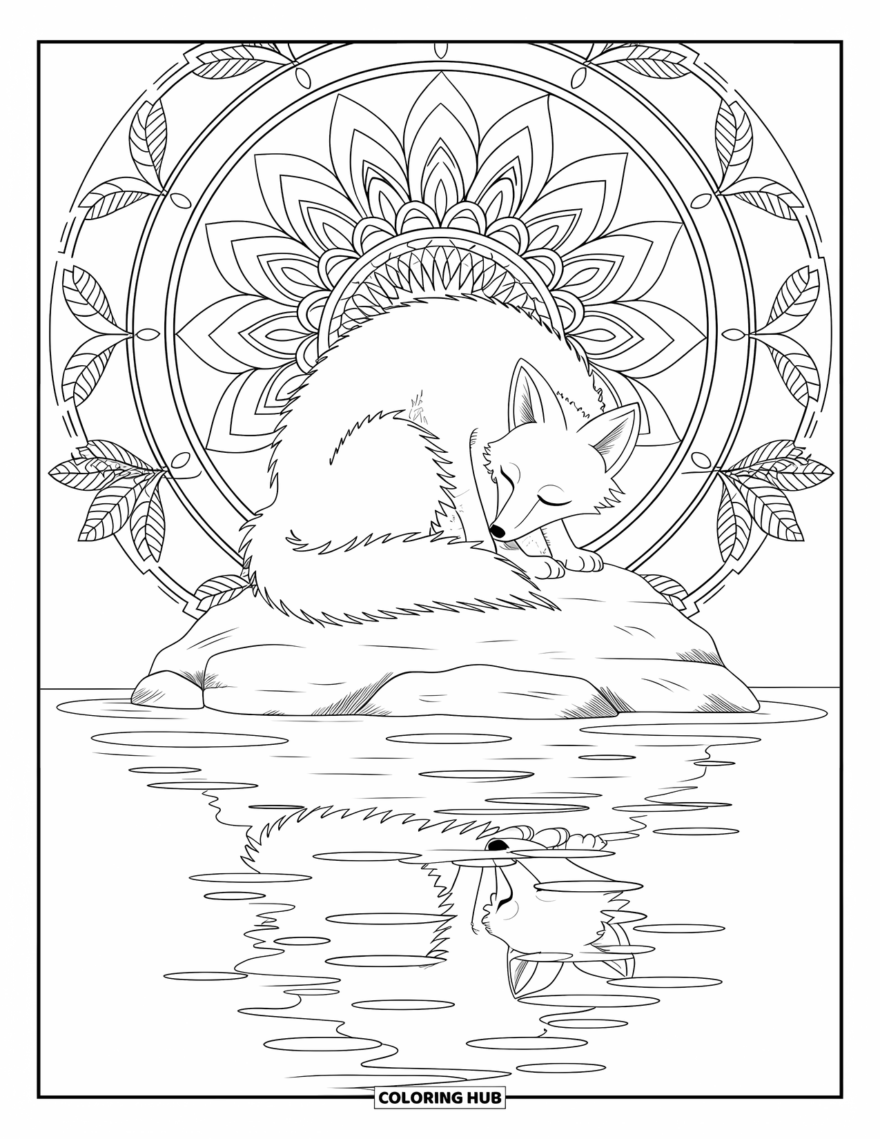 Disegno da colorare di una volpe per adulti: Una volpe pacifica raggomitolata contro un intricato sfondo di mandala