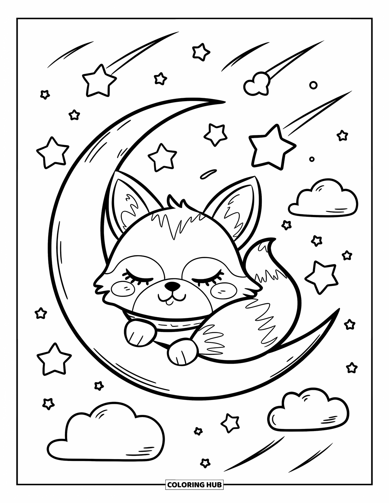 Disegno da colorare di una volpe per adulti: Una volpe pacifica che dorme su una luna crescente, avvolta in una sciarpa con stelle fluttuanti