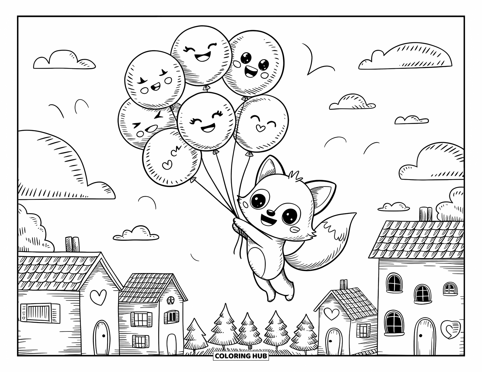 Disegno da colorare di una volpe per adulti: Una volpe giocosa che tiene palloncini, fluttuando sopra un villaggio con case dai volti kawaii