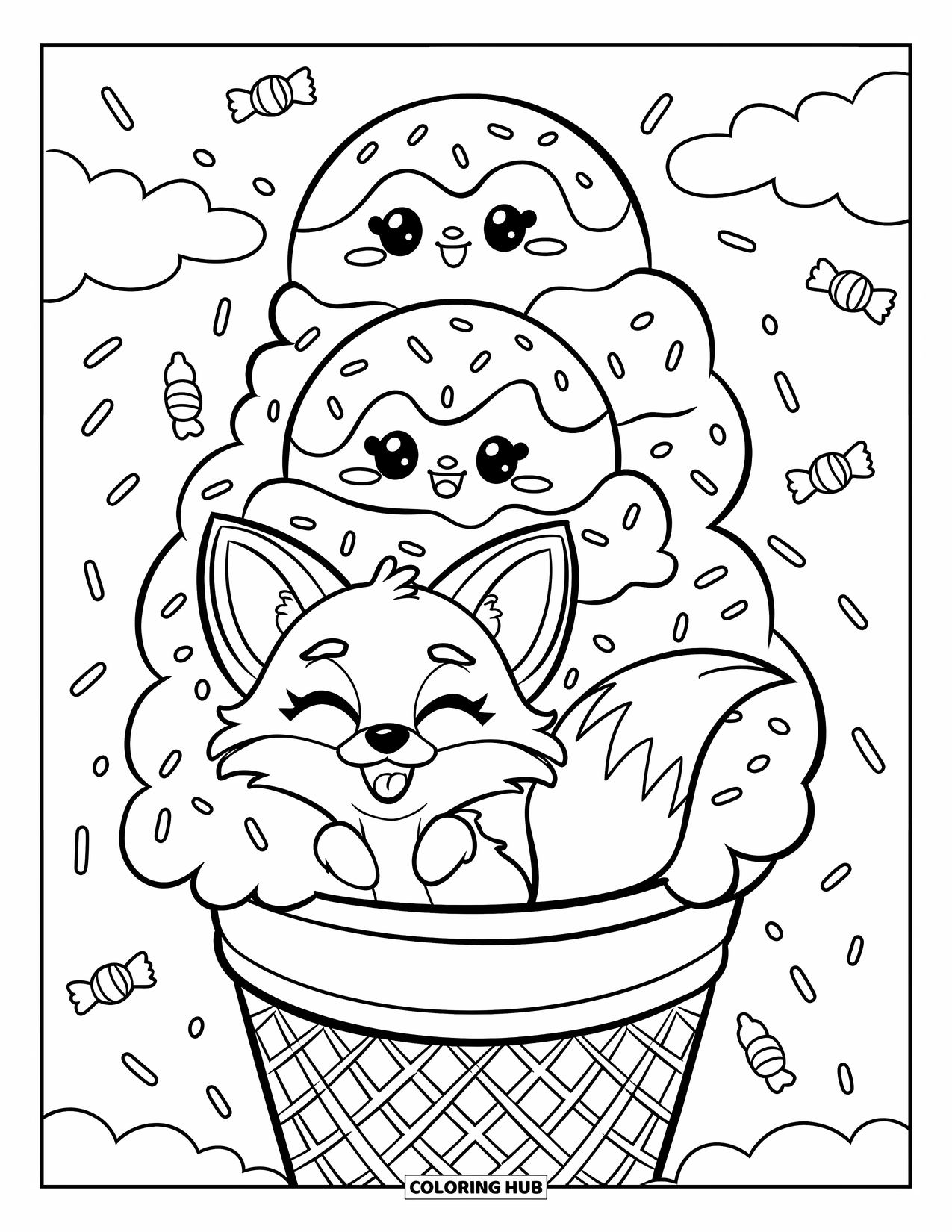 Disegno da colorare di una volpe per adulti: Una volpe giocosa dentro un cono gelato, con zuccherini che cadono tutt'intorno