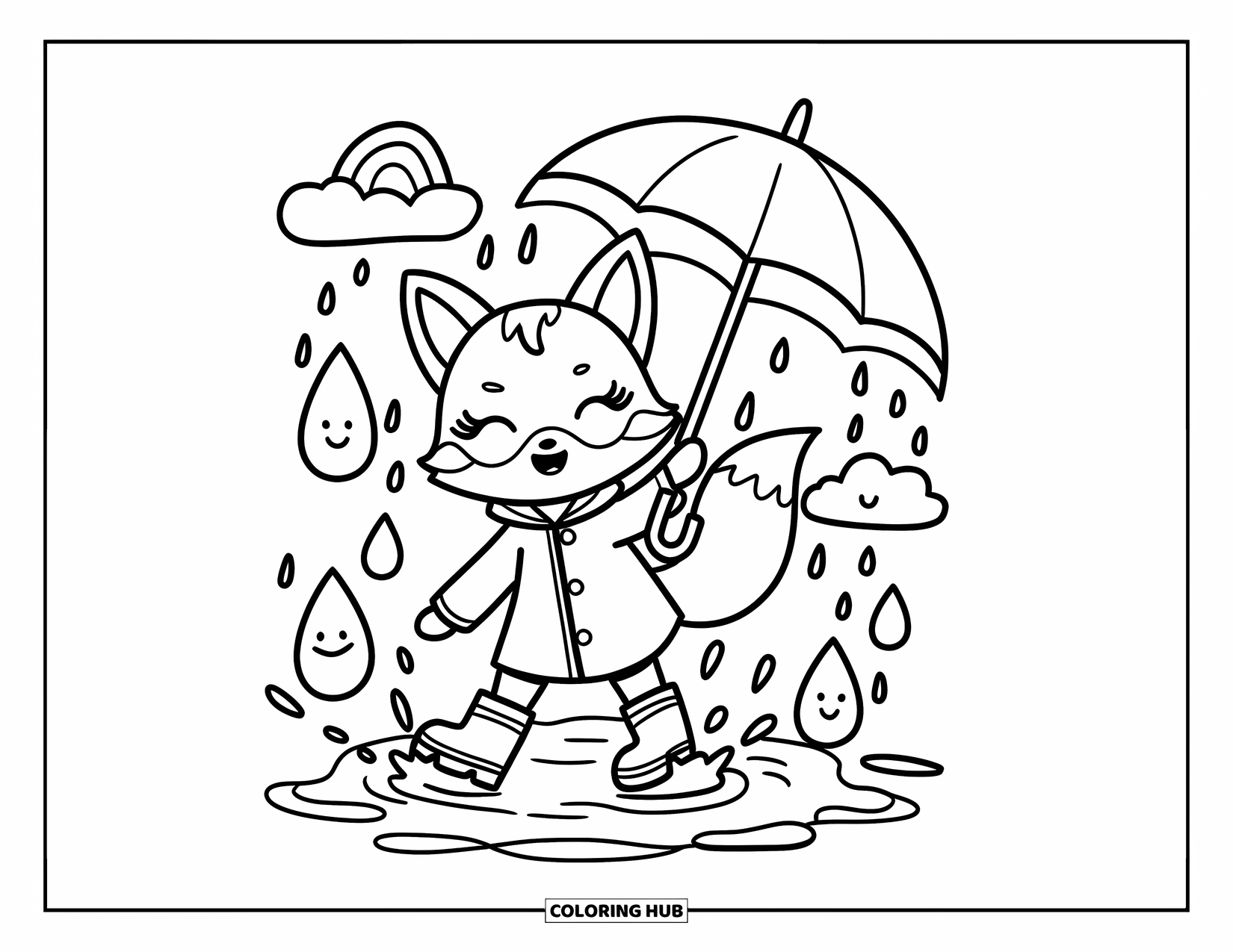 Disegno da colorare di una volpe per adulti: Una volpe giocosa che sguazza gioiosamente sotto un ombrello a forma di cuore con gocce di pioggia sorridenti
