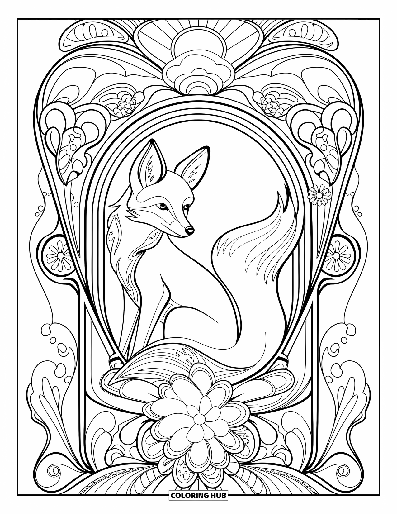 Disegno da colorare di una volpe per adulti: Una volpe regale seduta all'interno di una cornice dal design intricato di curve e fiori fluenti