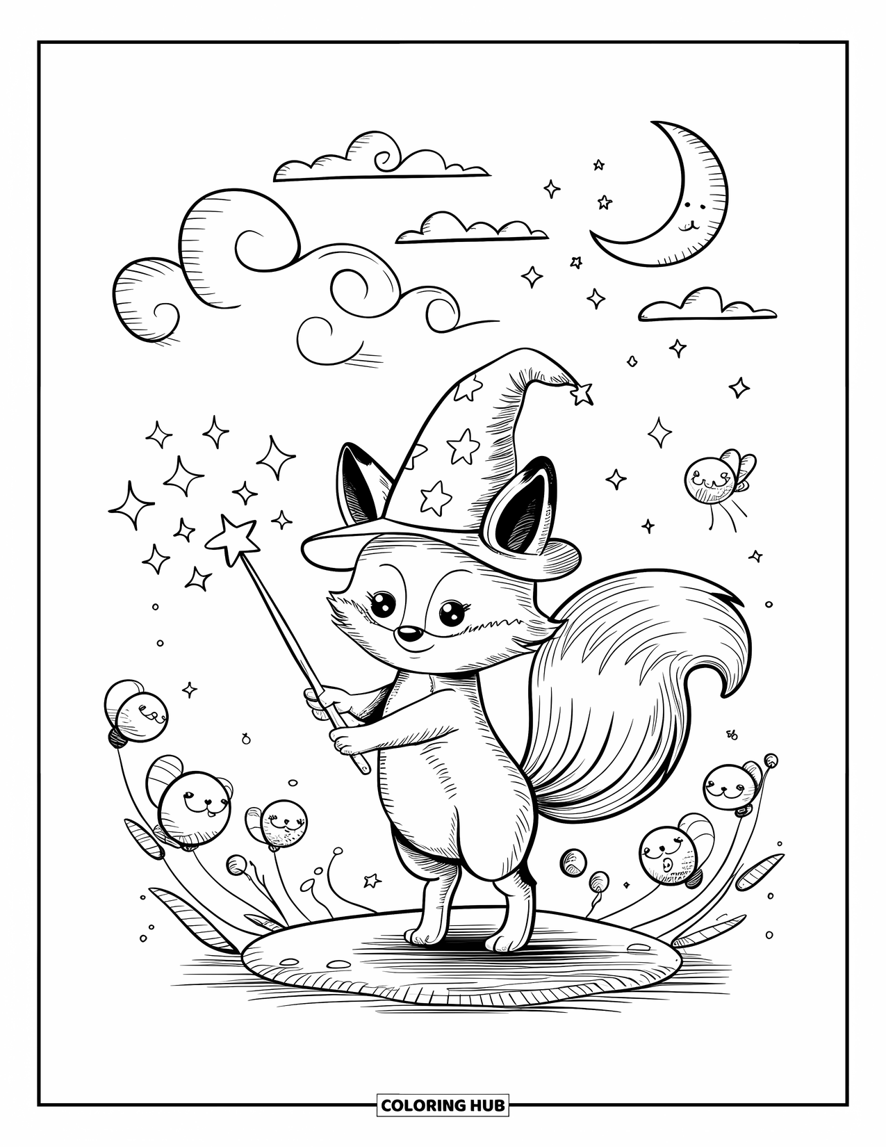 Disegno da colorare di una volpe per adulti: Una volpe che lancia incantesimi con un cappello stellato, circondata da creature magiche e stelle scintillanti