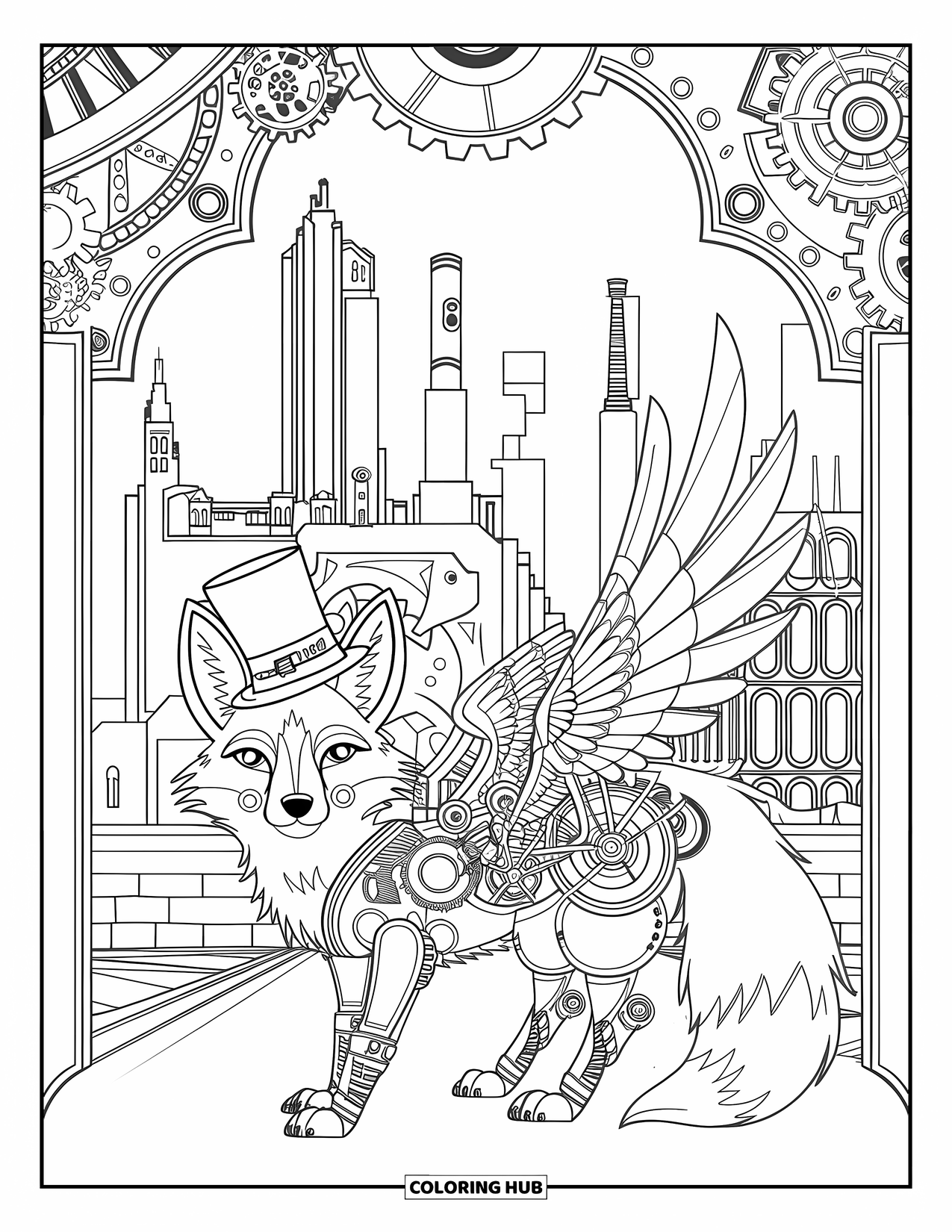 Disegno da colorare di una volpe per adulti: Una volpe steampunk adornata con ingranaggi, ali meccaniche e un cappello a cilindro