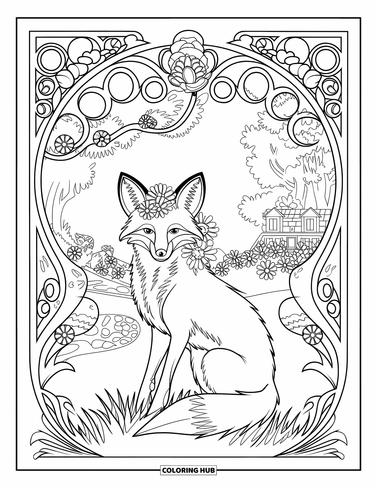 Disegno da colorare di una volpe per adulti: Una volpe stilizzata in una cornice artistica piena di eleganti dettagli Art Nouveau