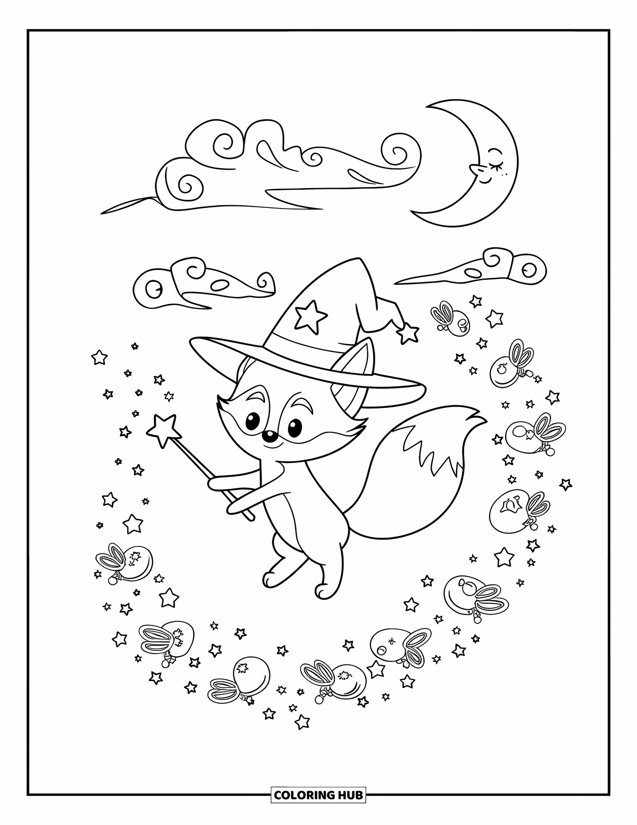 Disegno da colorare di una volpe per adulti: Una minuscola volpe con un cappello da mago, che agita una bacchetta mentre lucciole magiche fluttuano intorno