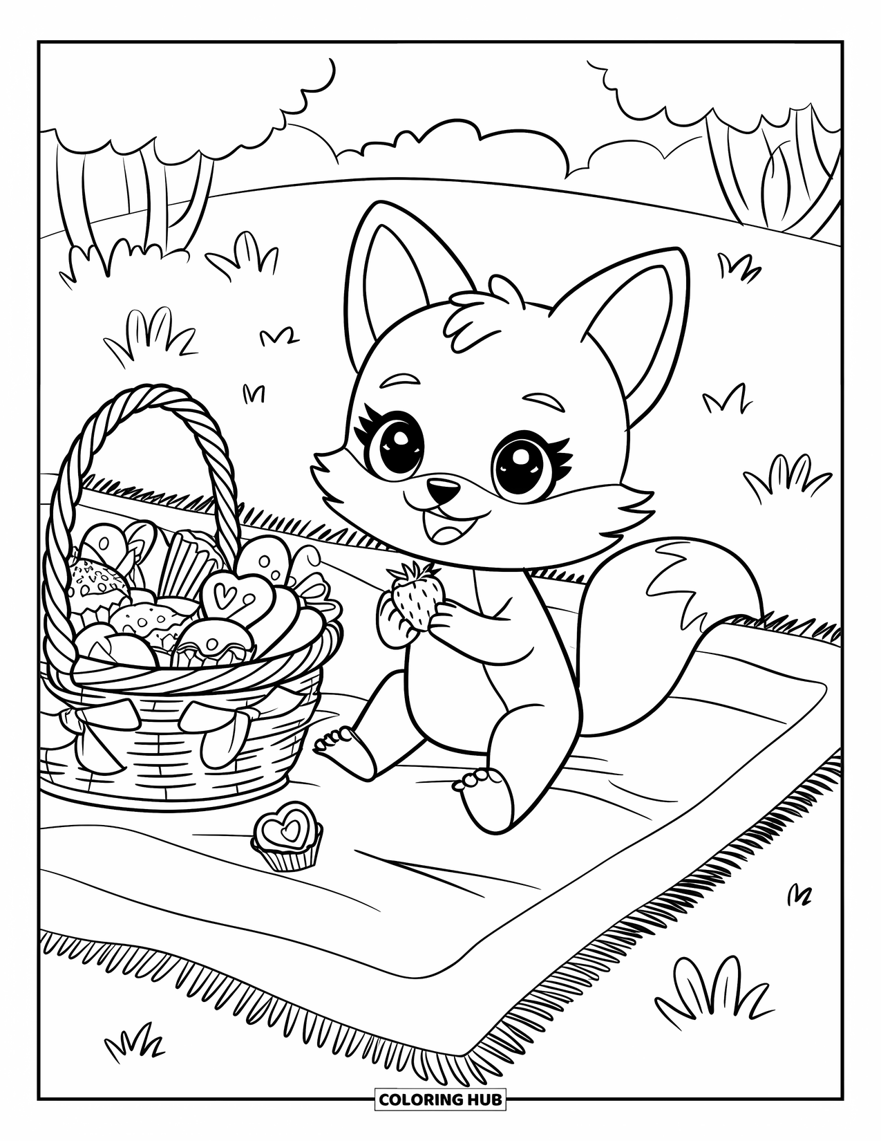 Disegno da colorare di una volpe per adulti: Una minuscola volpe seduta su una coperta da picnic, circondata da dolcetti e frutta kawaii