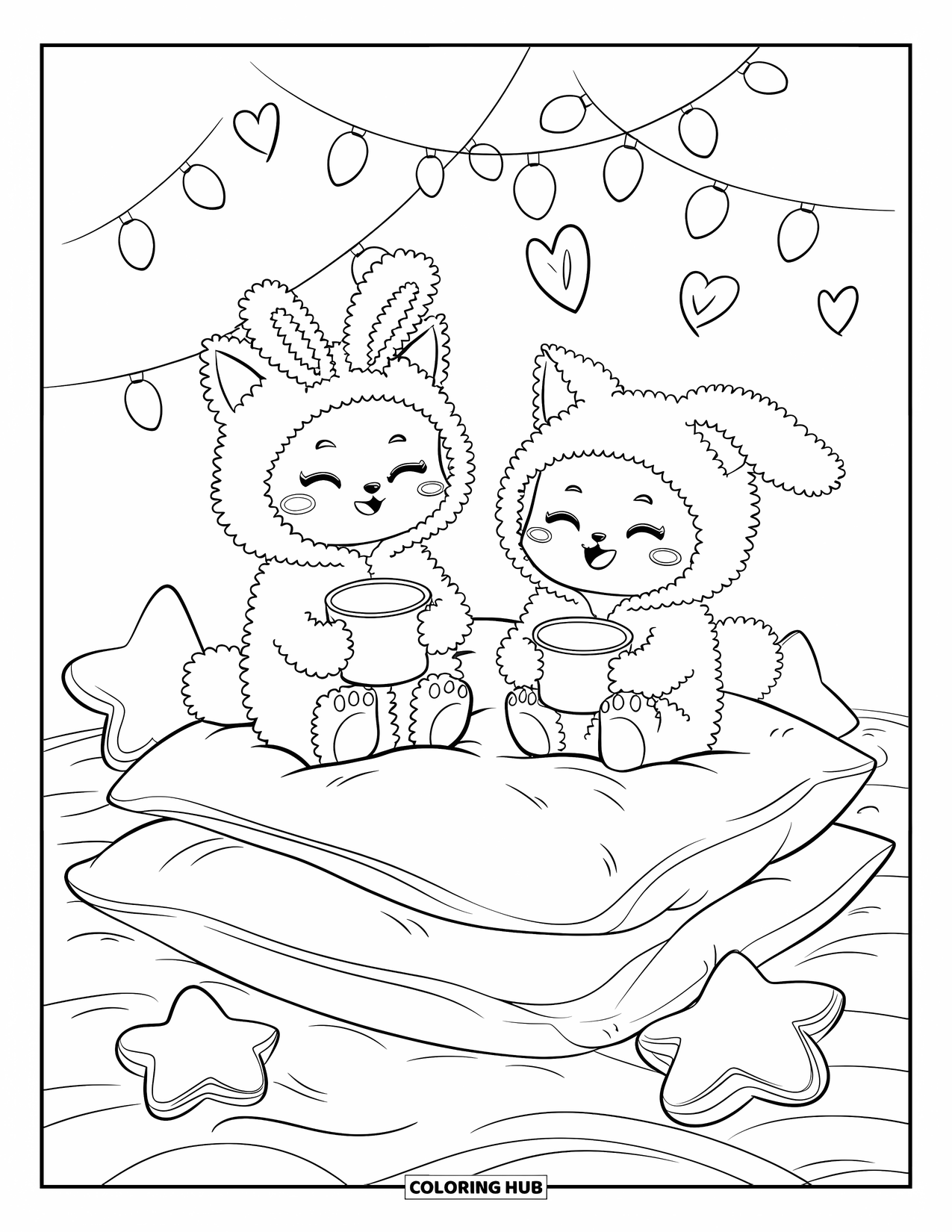Disegno da colorare di una volpe per adulti: Due piccole volpi in pigiama comodi, rannicchiate in un forte di cuscini sotto luci a forma di cuore