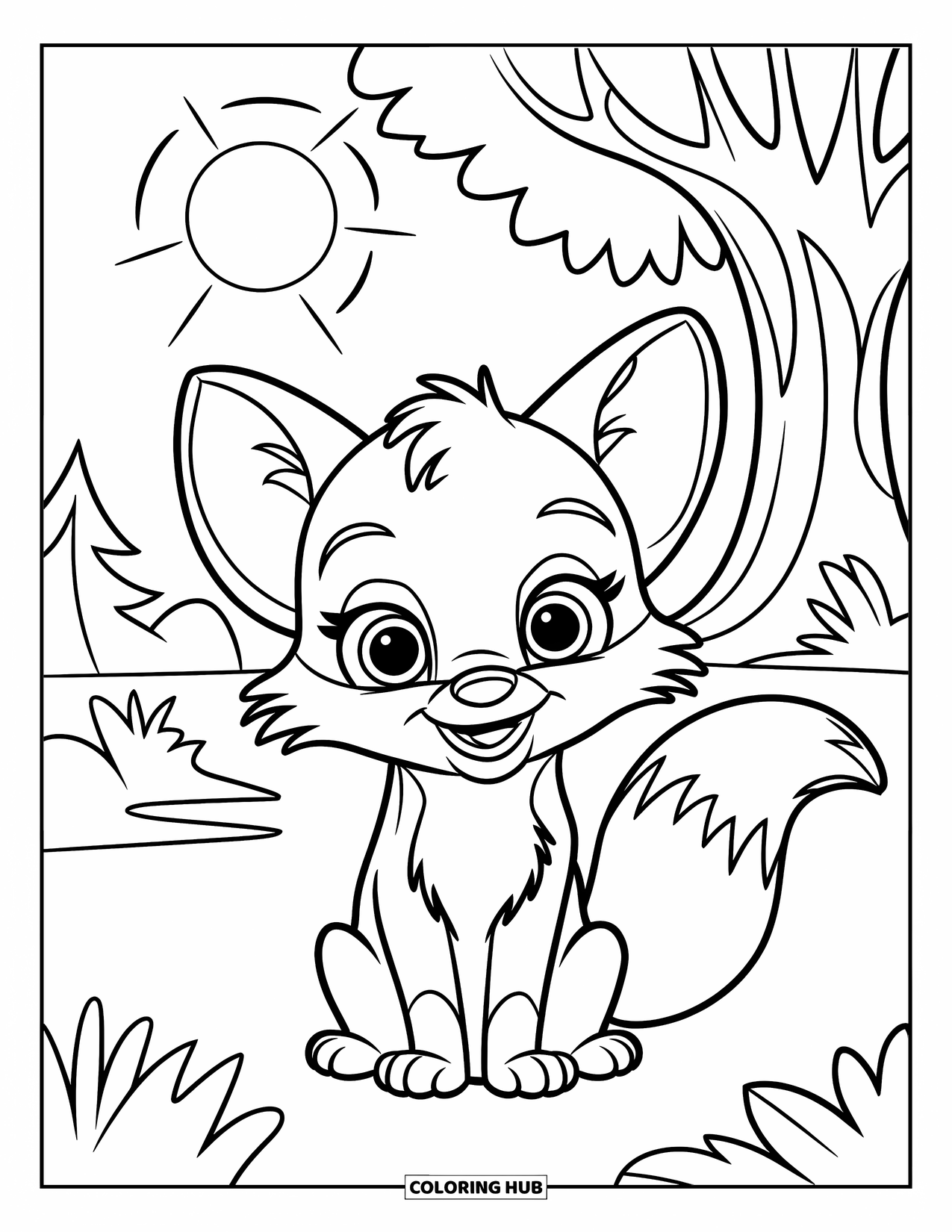 Disegno da colorare di una volpe per bambini: Un cucciolo di volpe seduto in una radura nella foresta, con alberi e un sole splendente